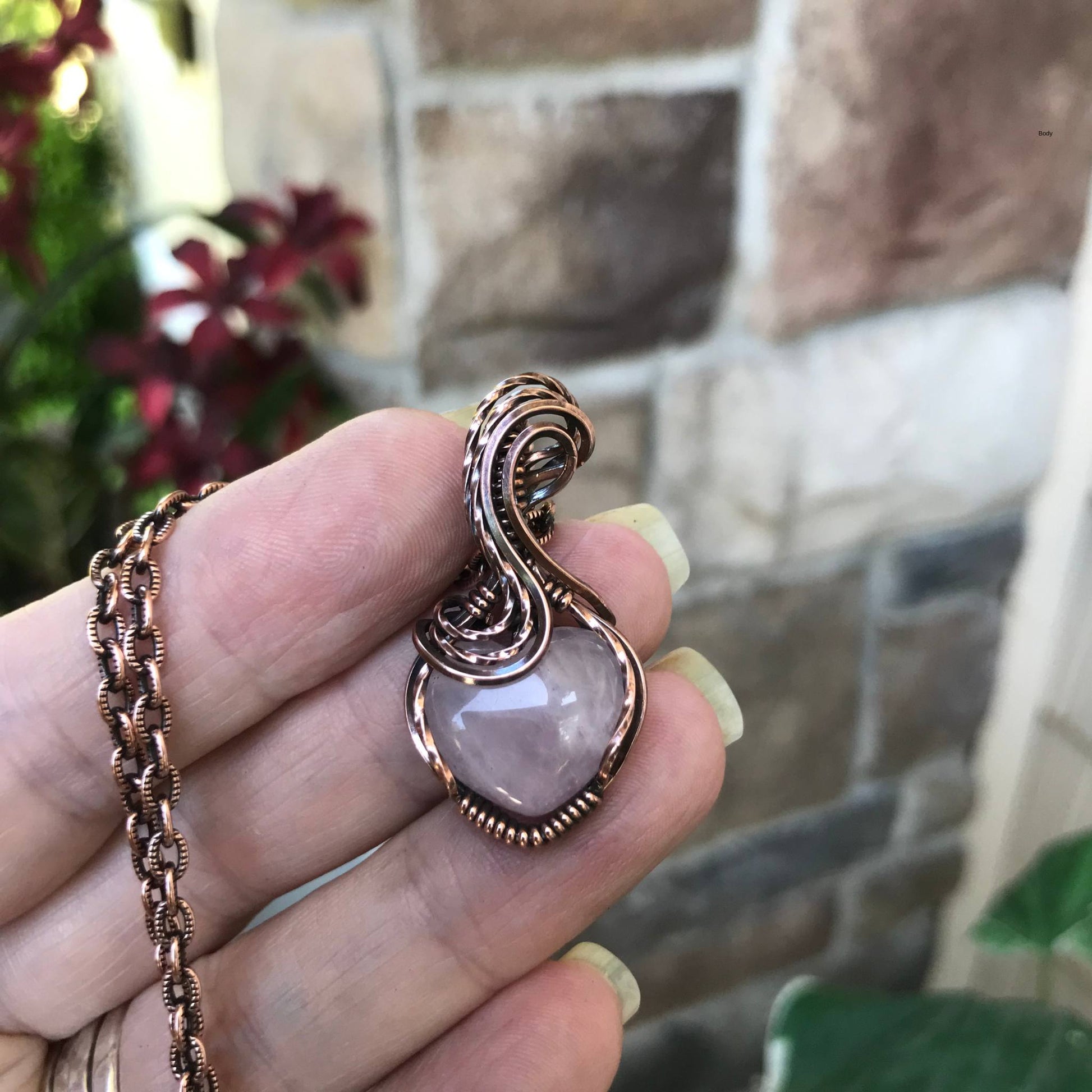 Rose quartz mini heart copper wire wrapped pendant necklace by Moonlet Jewelry