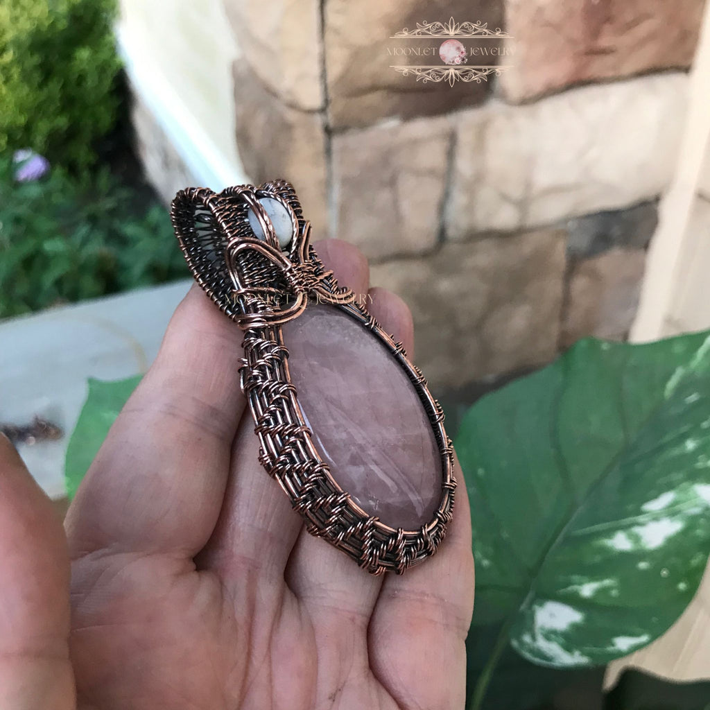 rose quartz mother of pearl wire weave copper pendant moonlet jewelry