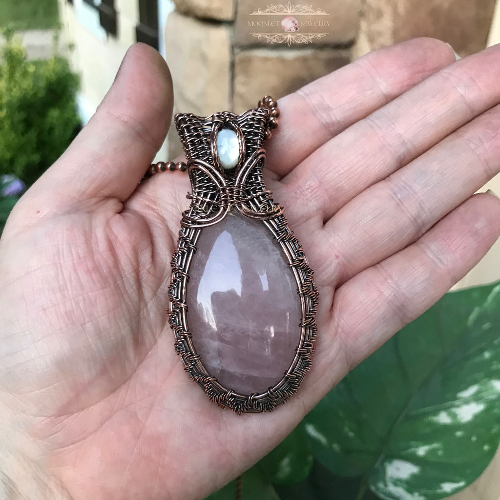 rose quartz mother of pearl wire weave copper pendant moonlet jewelry