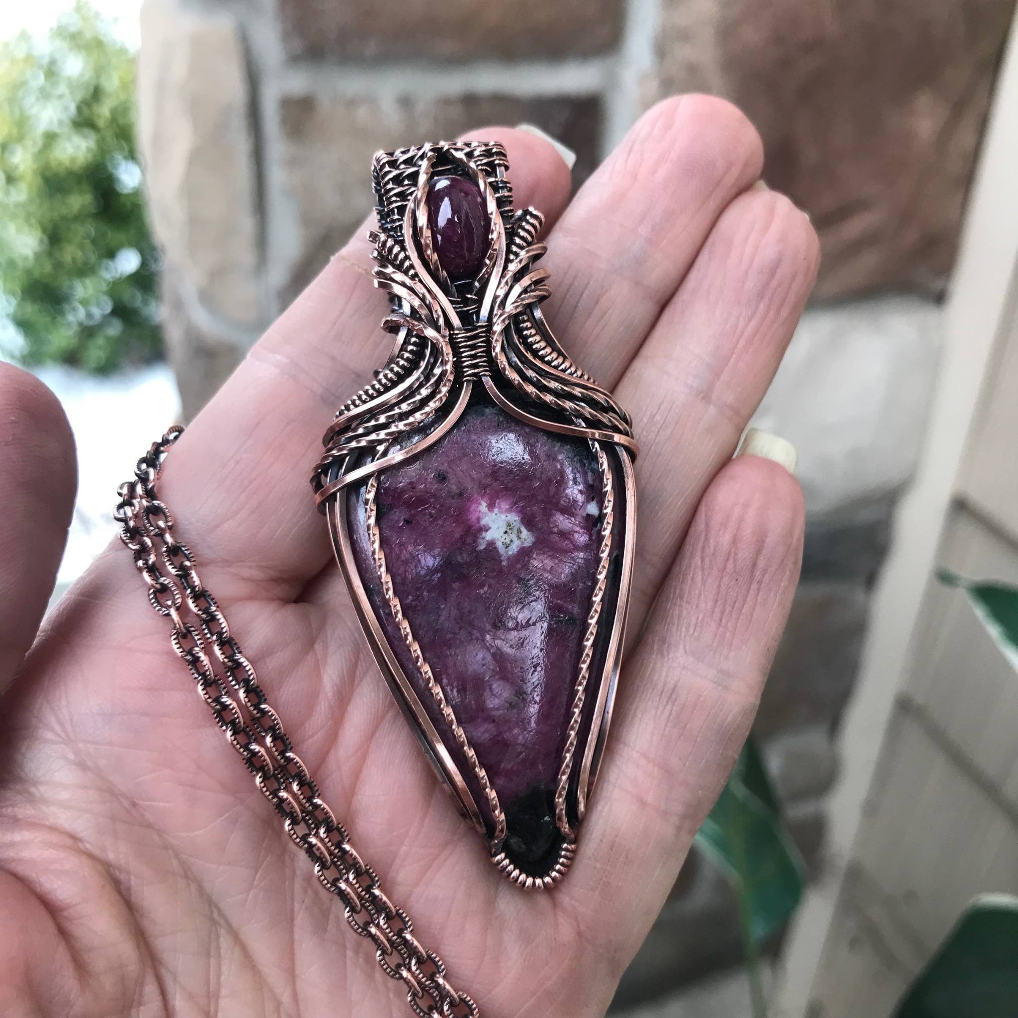 Ruby Slender Teardrop Copper Pendant w/Ruby Accent