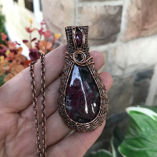 ruby wire weave teardrop copper pendant necklace