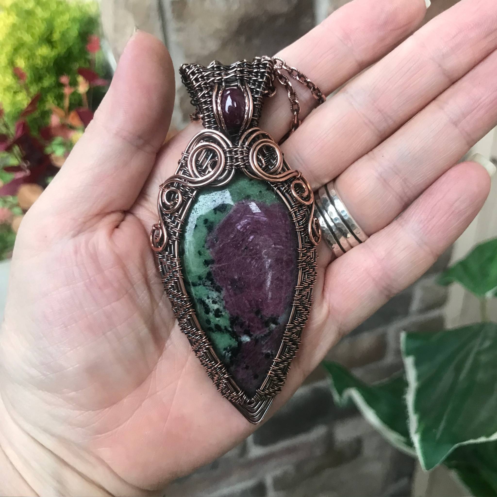 Ruby Zoisite Wire Weave Copper Pendant