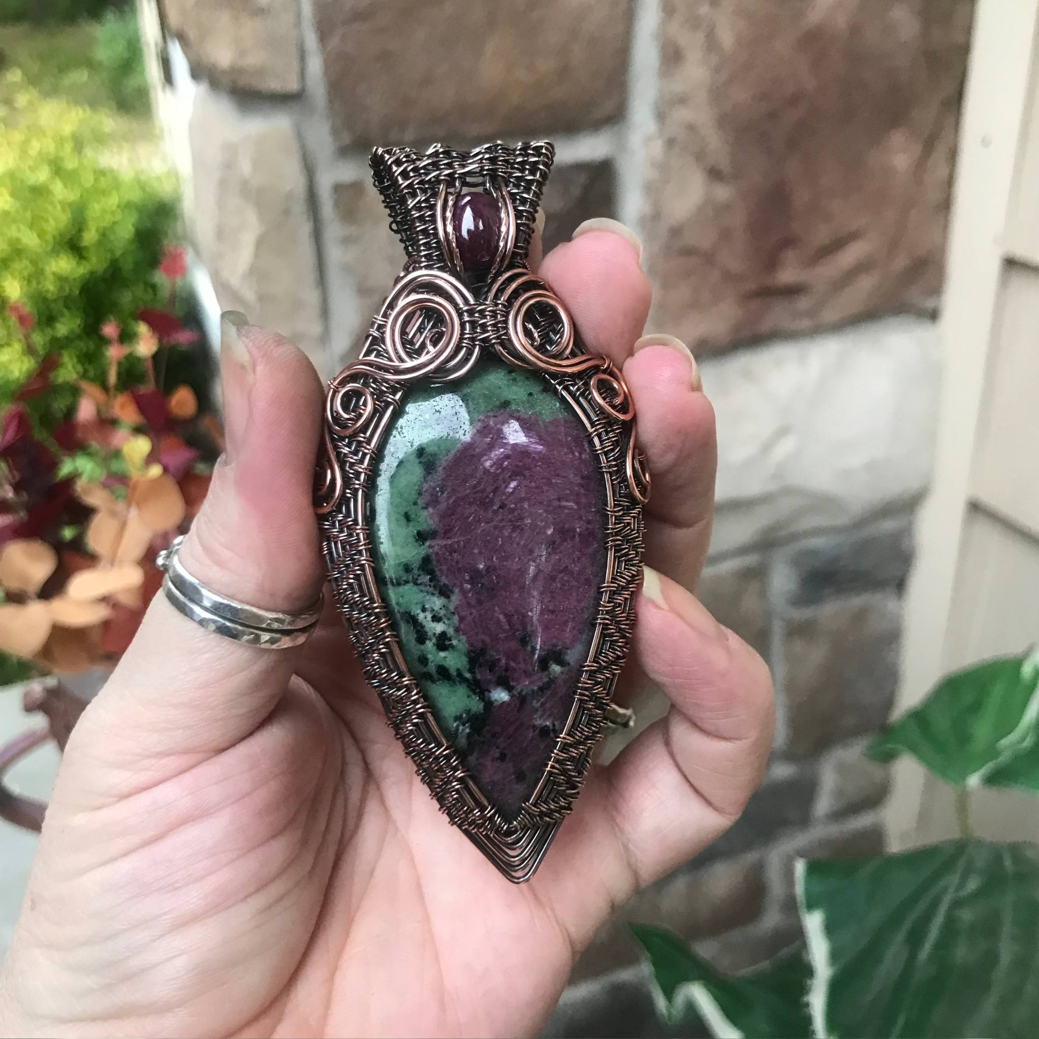 Ruby Zoisite Wire Weave Copper Pendant