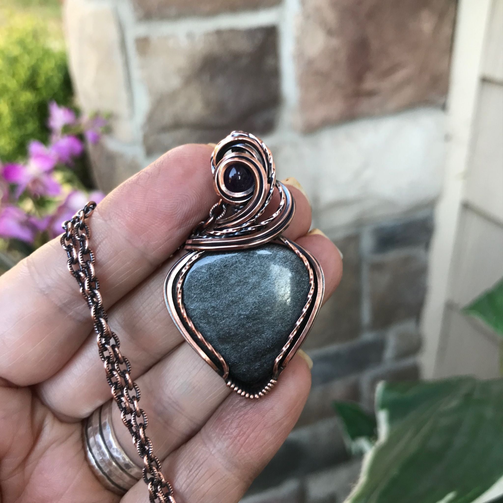 Silver Sheen Obsidian & Amethyst Copper Necklace