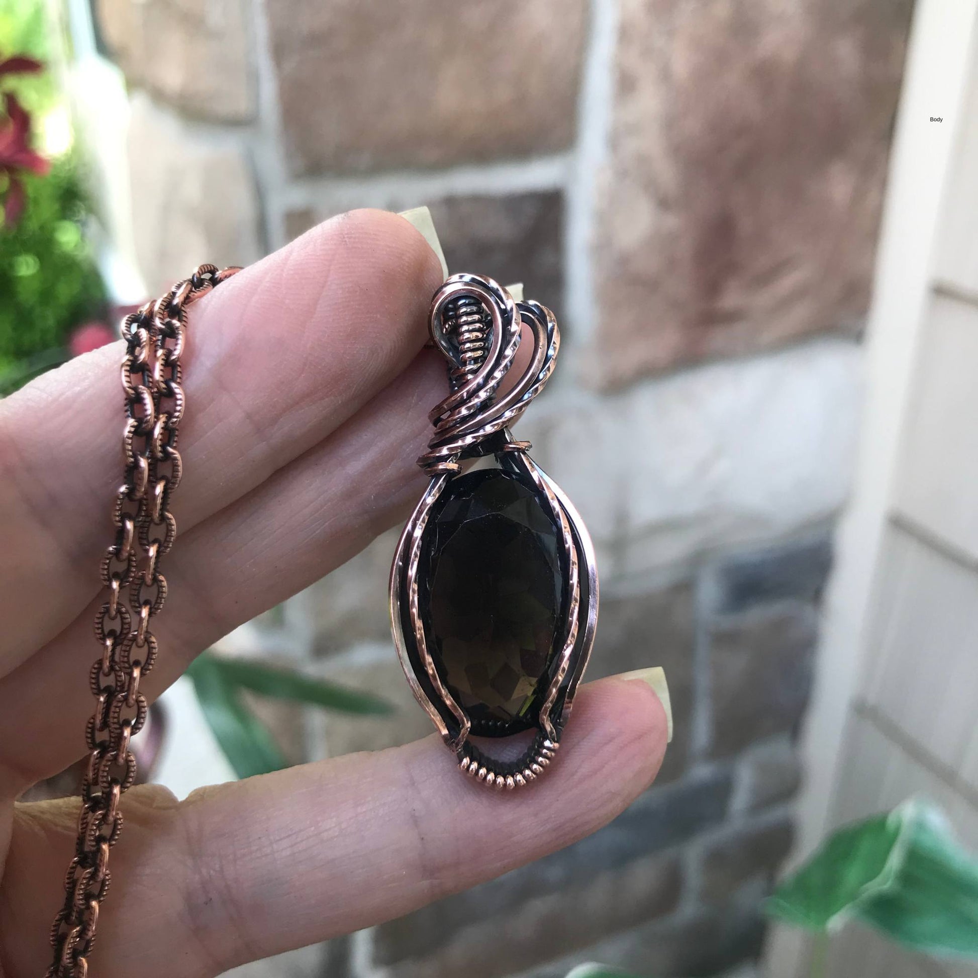 Smoky quartz copper wire wrapped pendant by Moonlet Jewelry