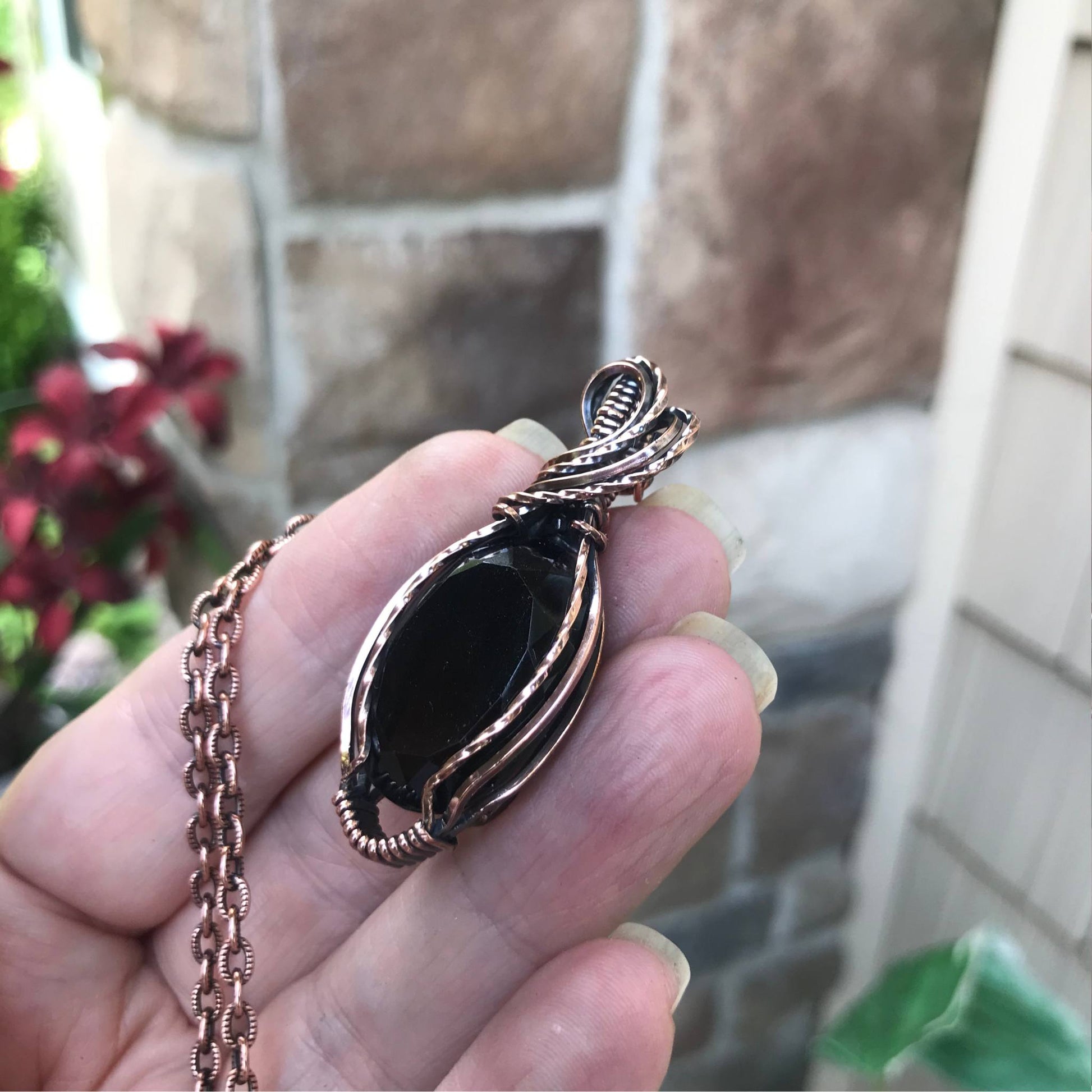 Smoky quartz copper wire wrapped pendant by Moonlet Jewelry