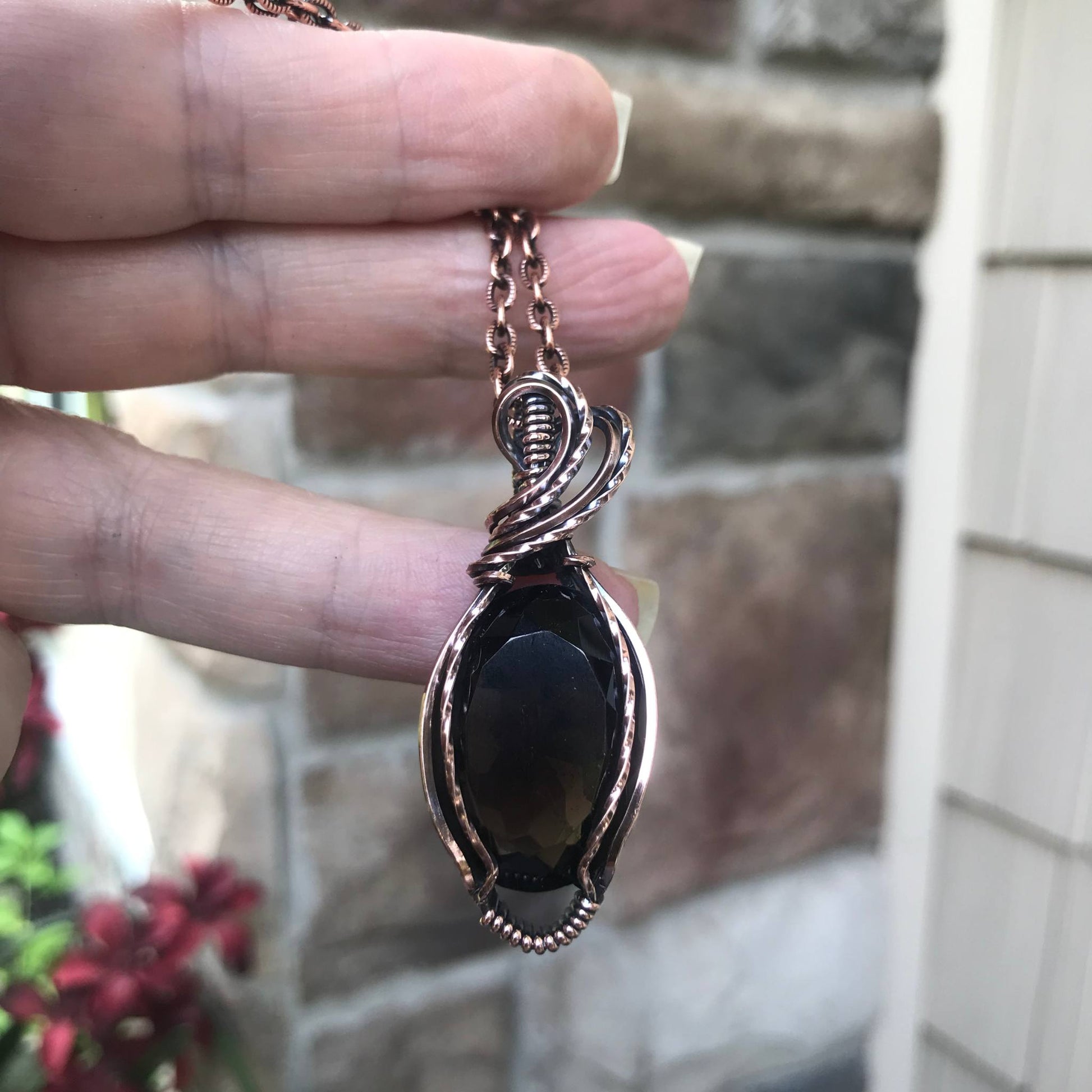 Smoky quartz copper wire wrapped pendant by Moonlet Jewelry