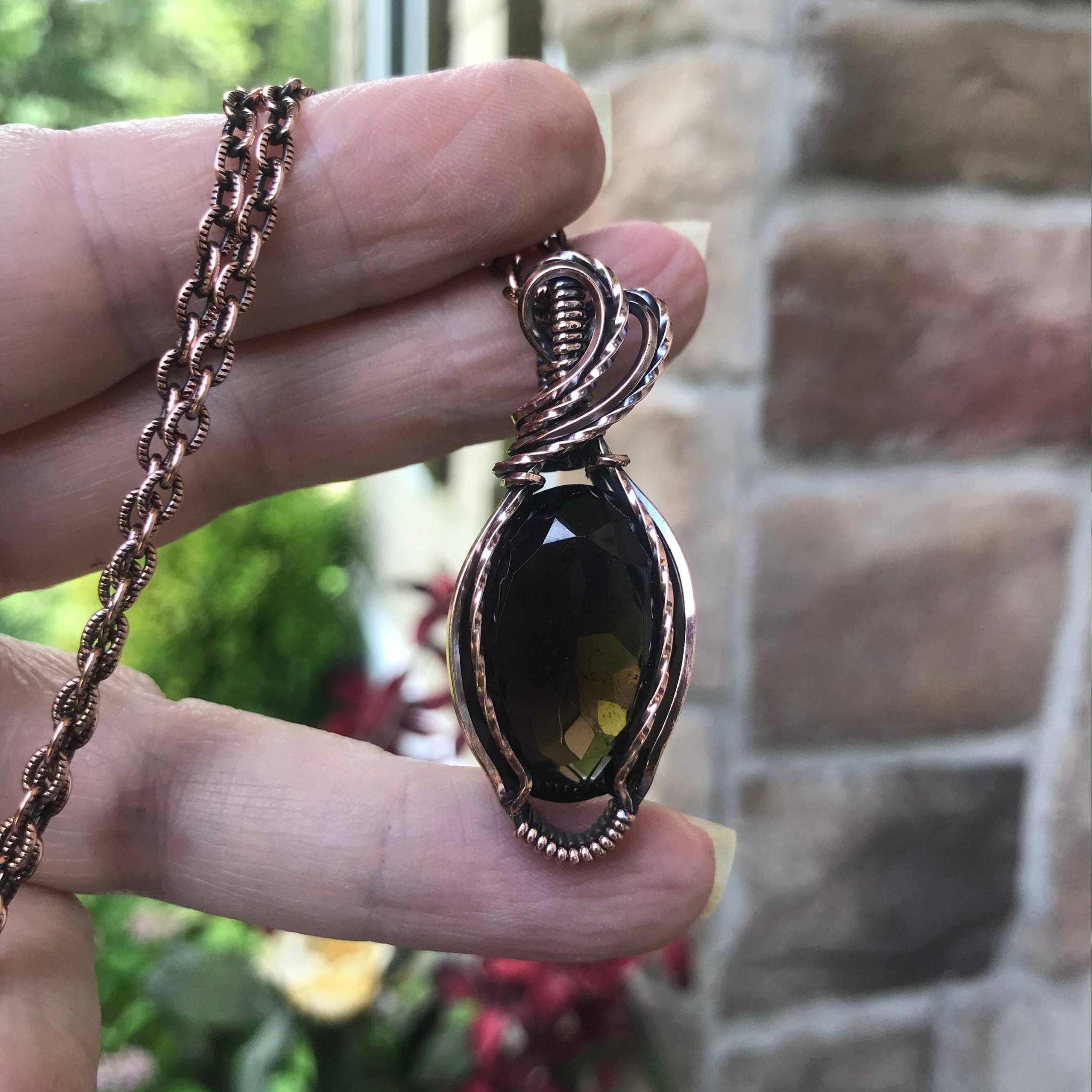 Smoky quartz copper wire wrapped pendant by Moonlet Jewelry