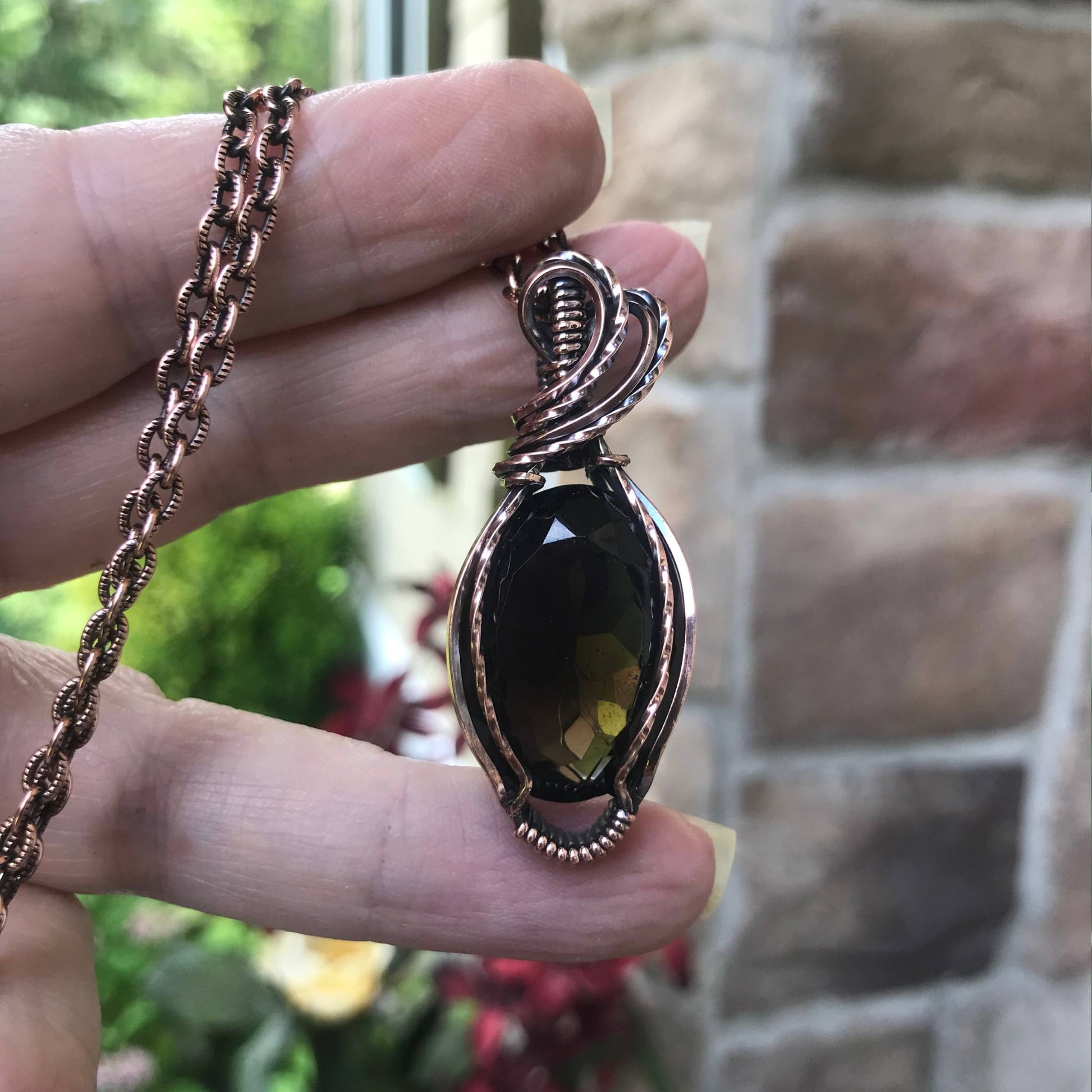 Smoky quartz copper wire wrapped pendant by Moonlet Jewelry