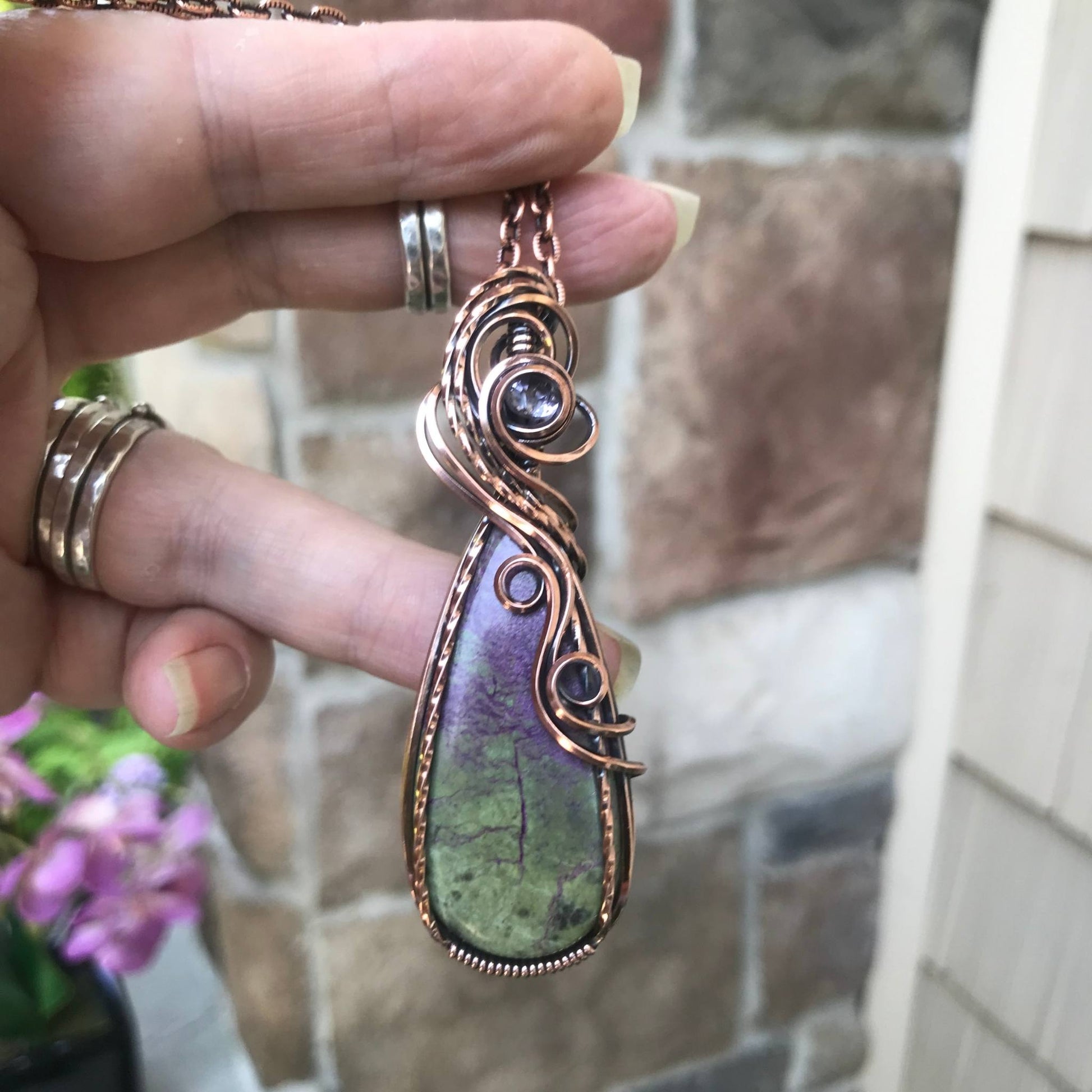 Stichtite with pink amethyst copper swirly wire wrapped pendant by Moonlet Jewelry
