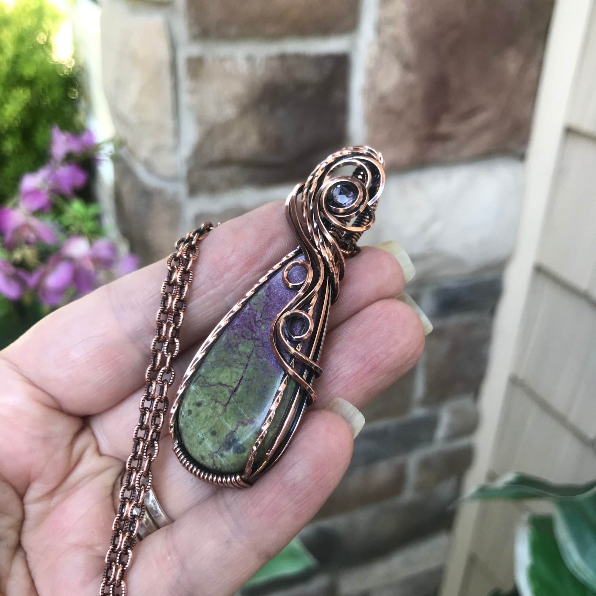Stichtite with pink amethyst copper swirly wire wrapped pendant by Moonlet Jewelry