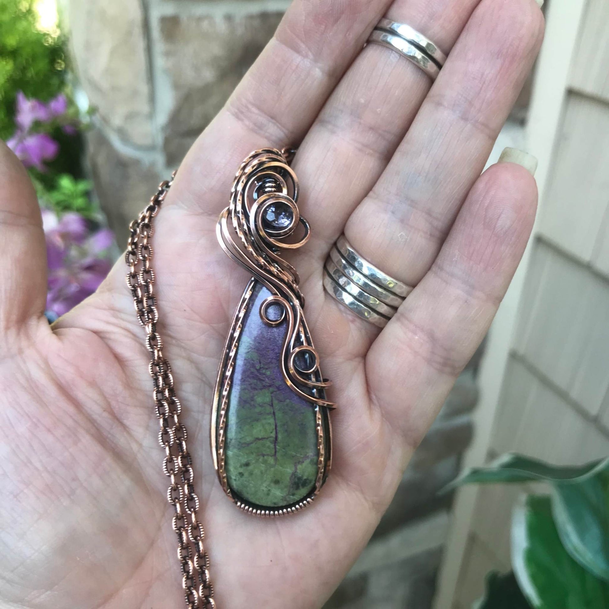 Stichtite with pink amethyst copper swirly wire wrapped pendant by Moonlet Jewelry