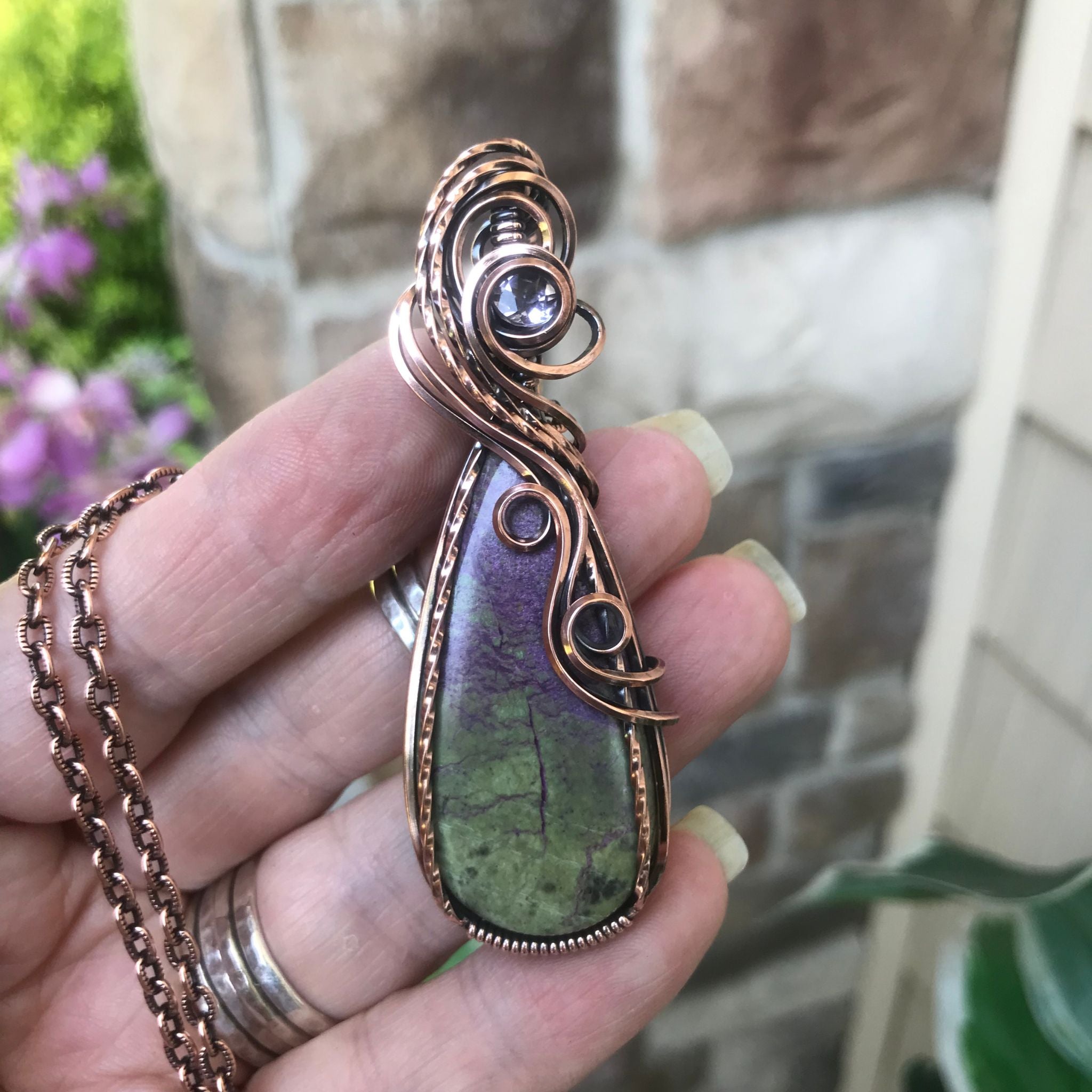 Stichtite with pink amethyst copper swirly wire wrapped pendant by Moonlet Jewelry