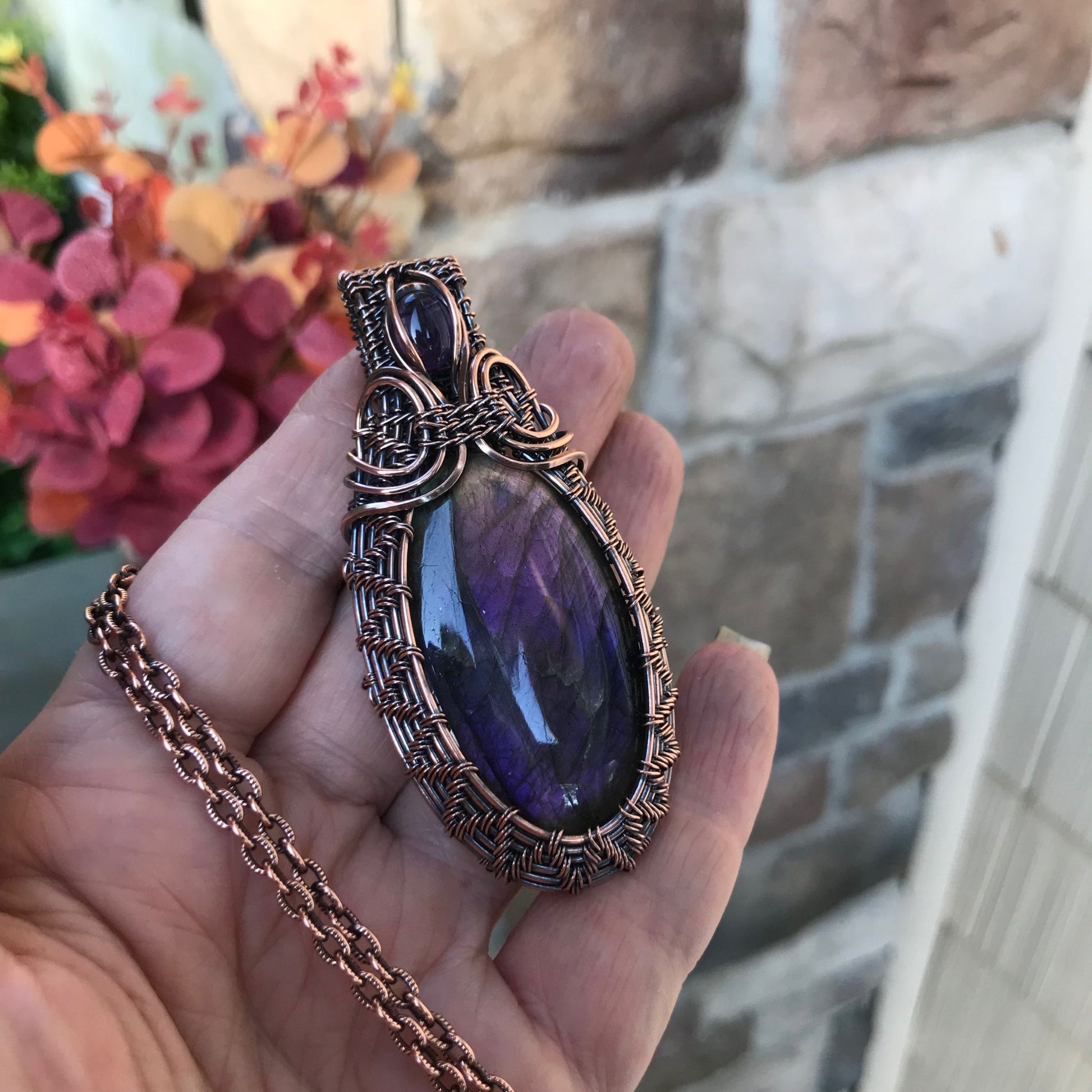 Sunset Purple Labradorite & Amethyst Copper Woven Pendant