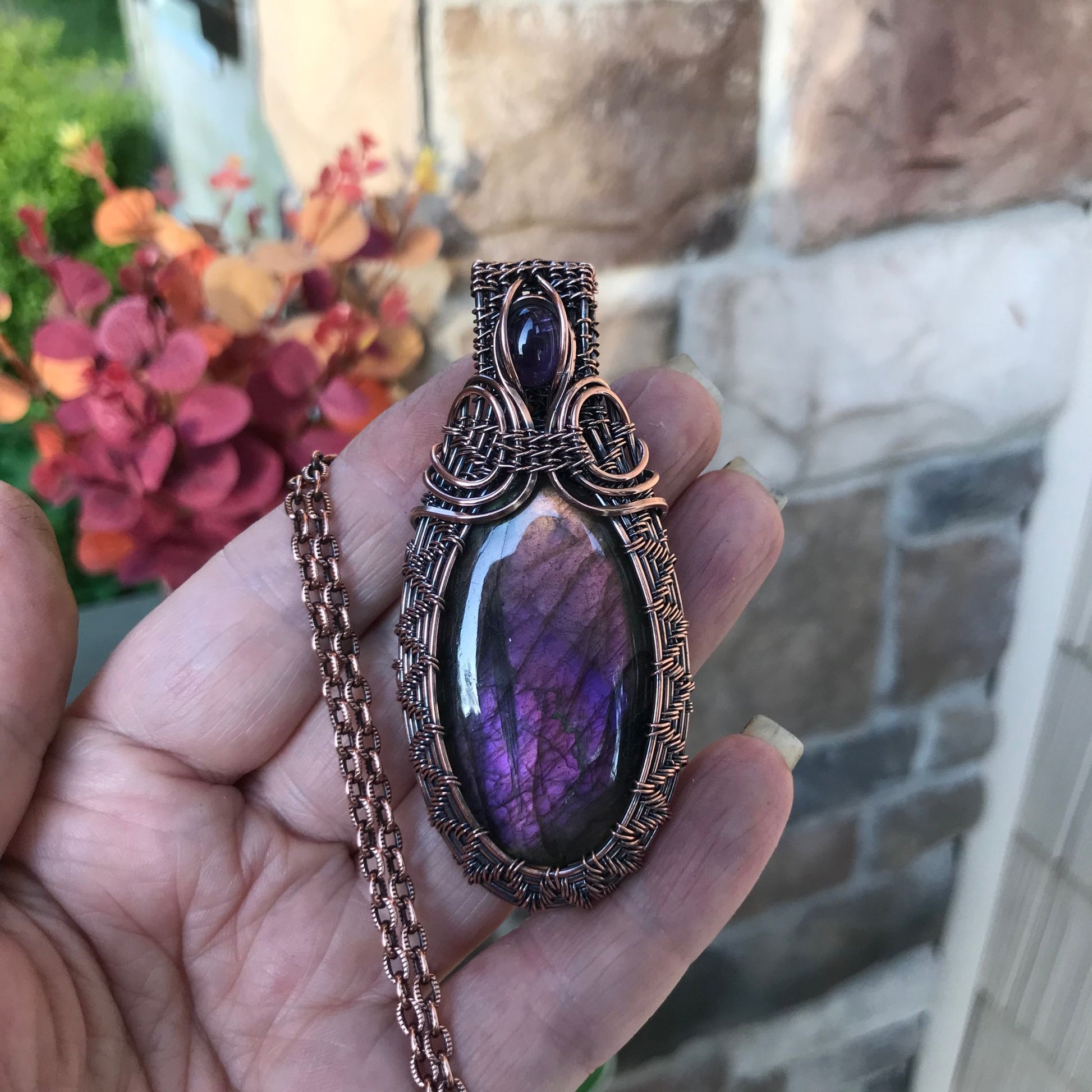 Sunset Purple Labradorite & Amethyst Copper Woven Pendant