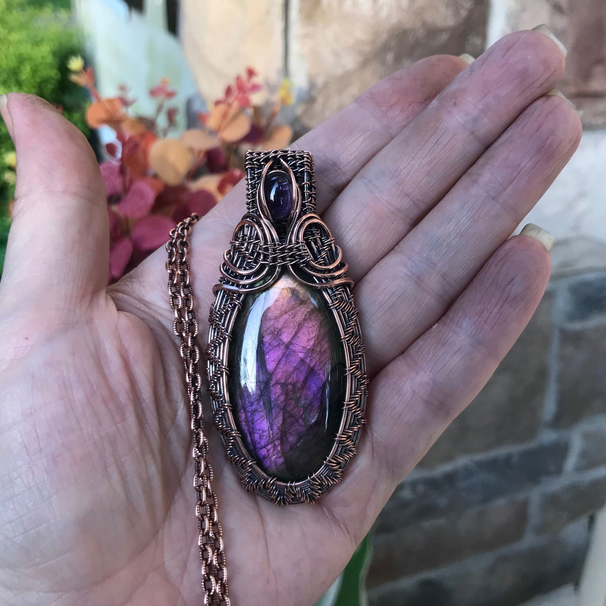 Sunset Purple Labradorite & Amethyst Copper Woven Pendant