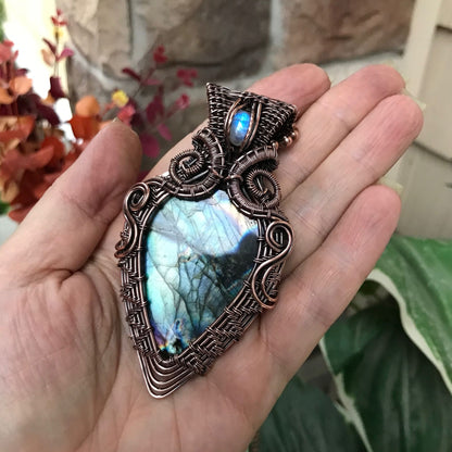 teal blue labradorite moonstone wire weave large copper pendant