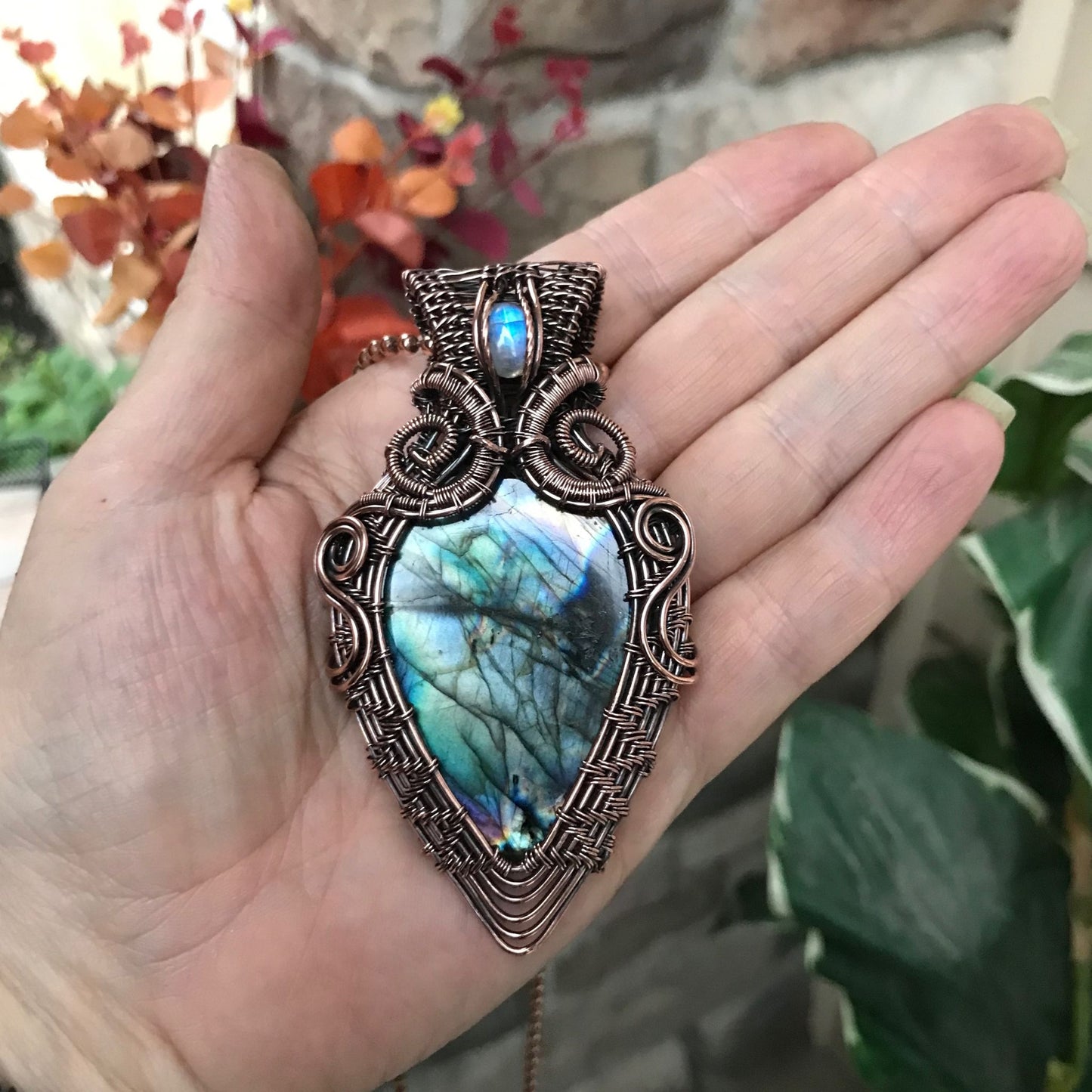 teal blue labradorite moonstone wire weave large copper pendant