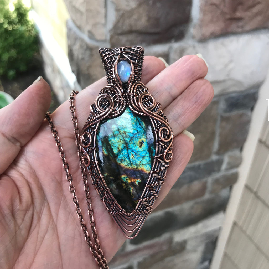 teal blue labradorite moonstone wire woven copper pendant