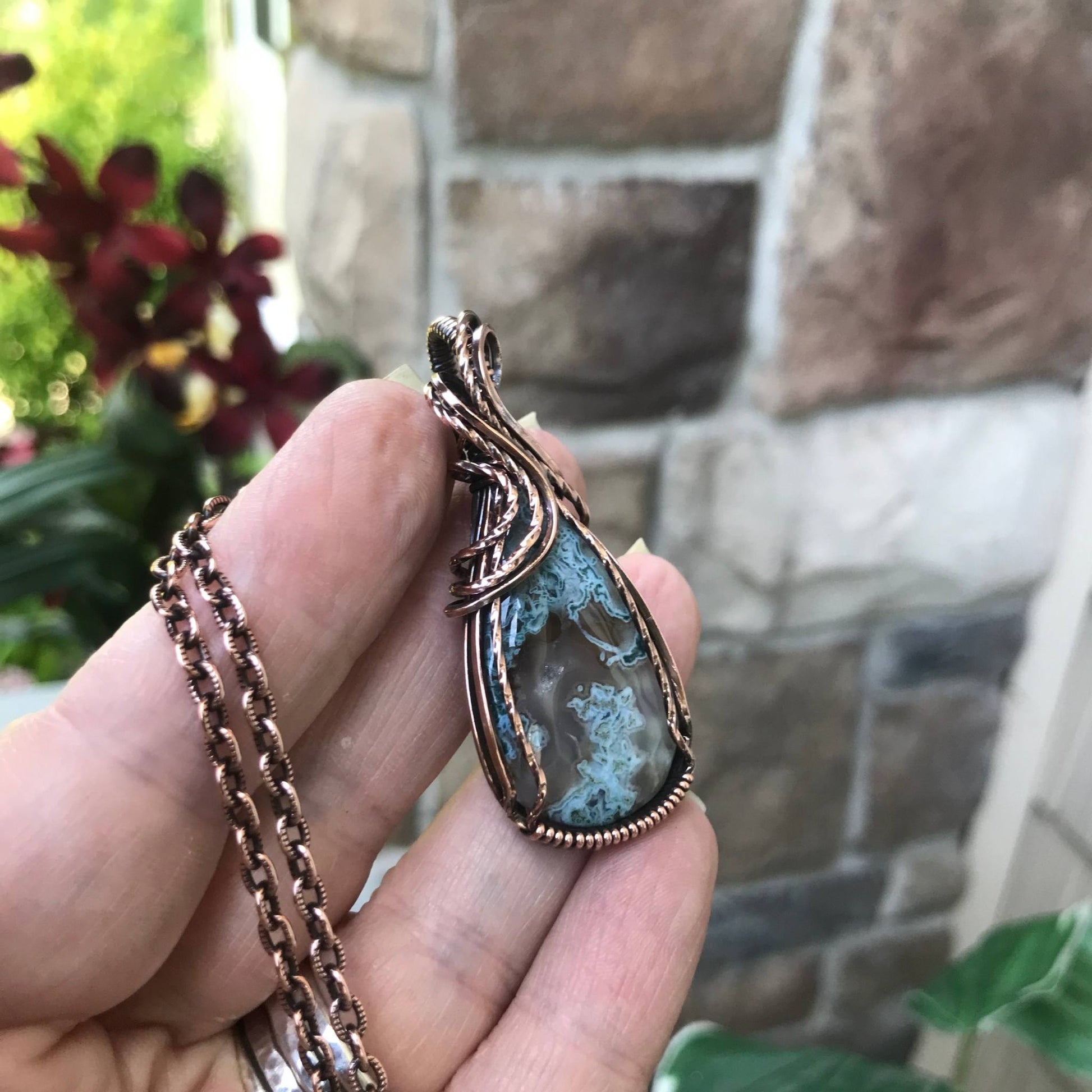 Teal moss agate copper pendant by Moonlet Jewelry