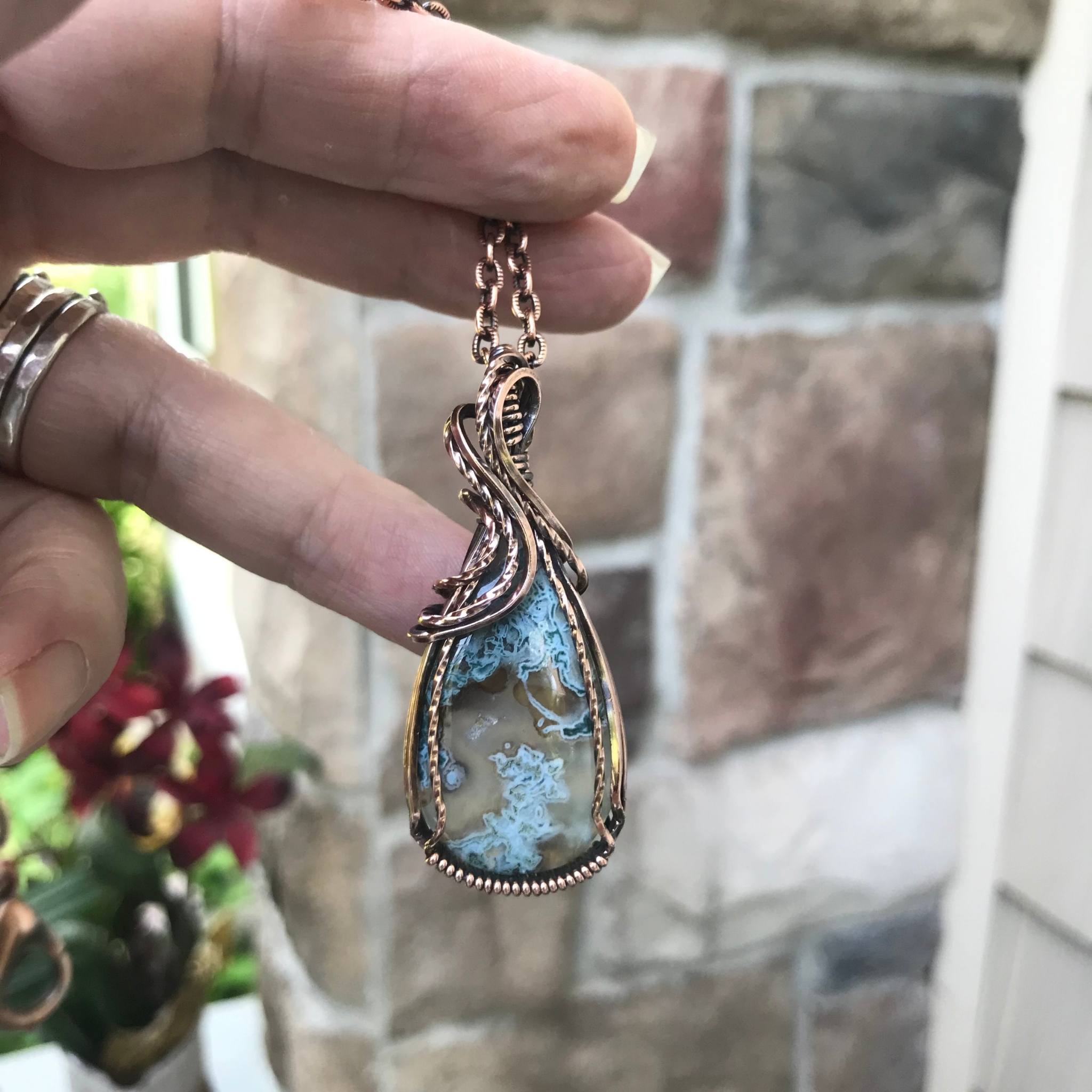 Teal moss agate copper pendant by Moonlet Jewelry
