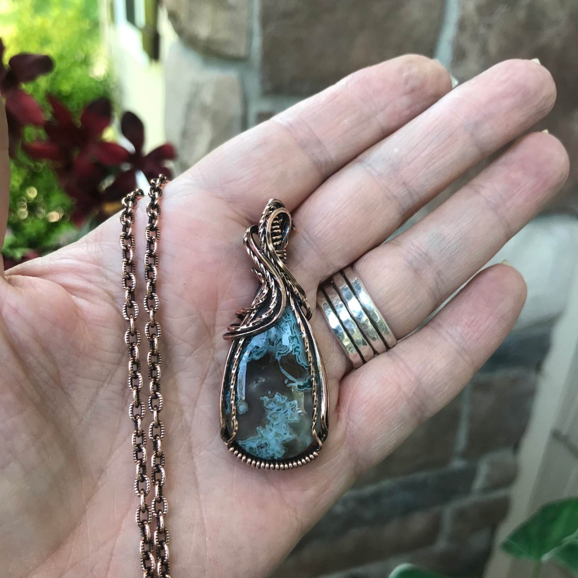 Teal moss agate copper pendant by Moonlet Jewelry