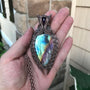 Teal purple blue labradorite wire weave pendant with an amethyst accent