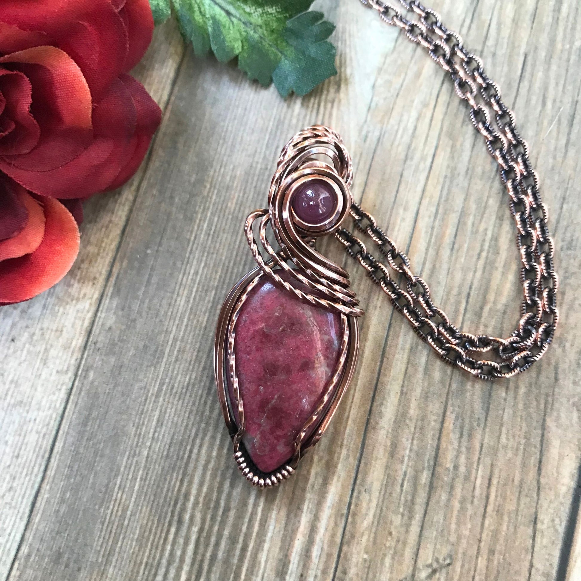 Pink Thulite & Ruby Swirly Copper Necklace