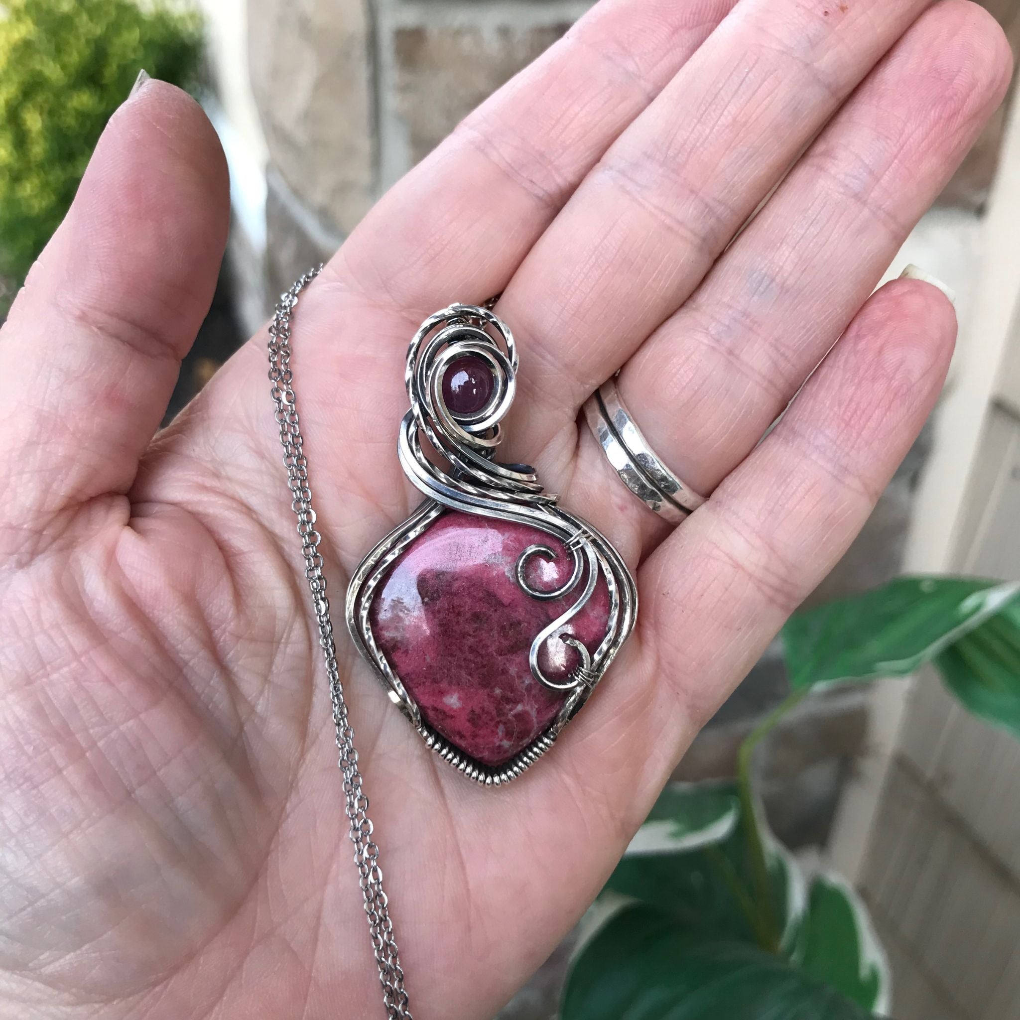 Pink Thulite & Ruby Silver Pendant