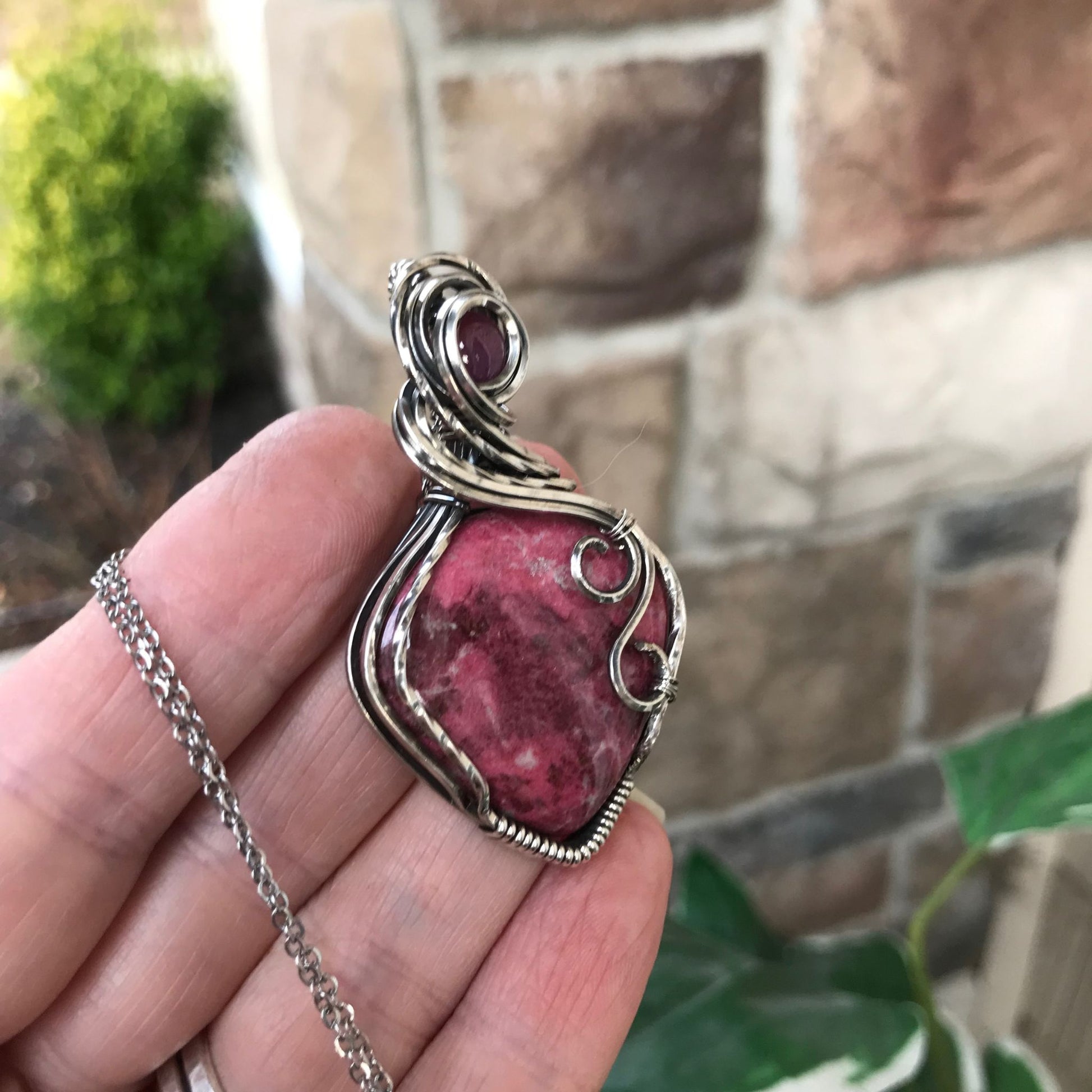 Pink Thulite & Ruby Silver Pendant