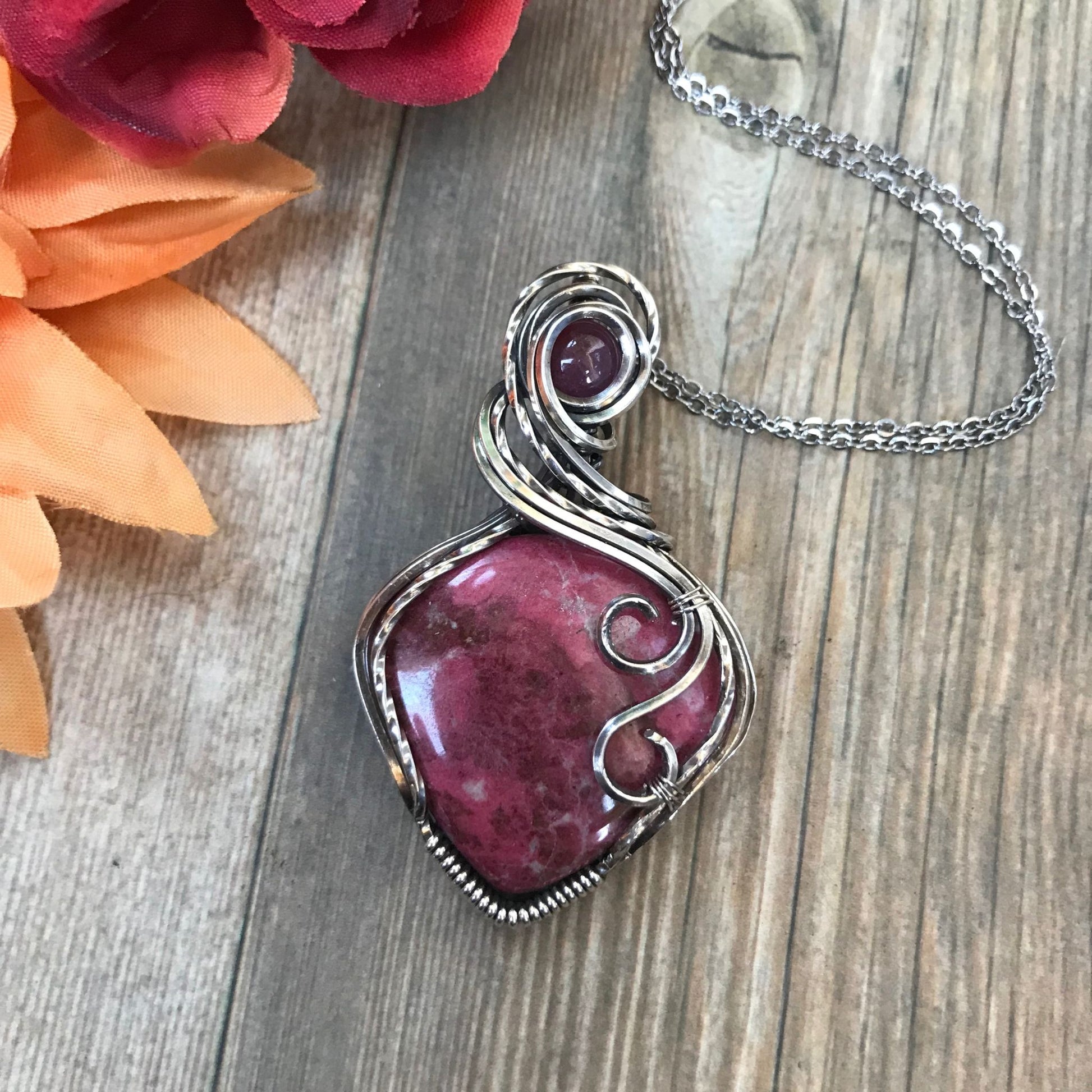 Pink Thulite & Ruby Silver Pendant