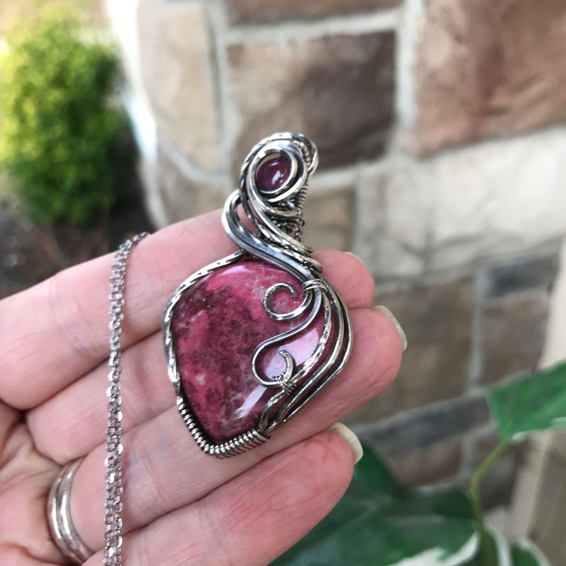 Pink Thulite & Ruby Silver Pendant