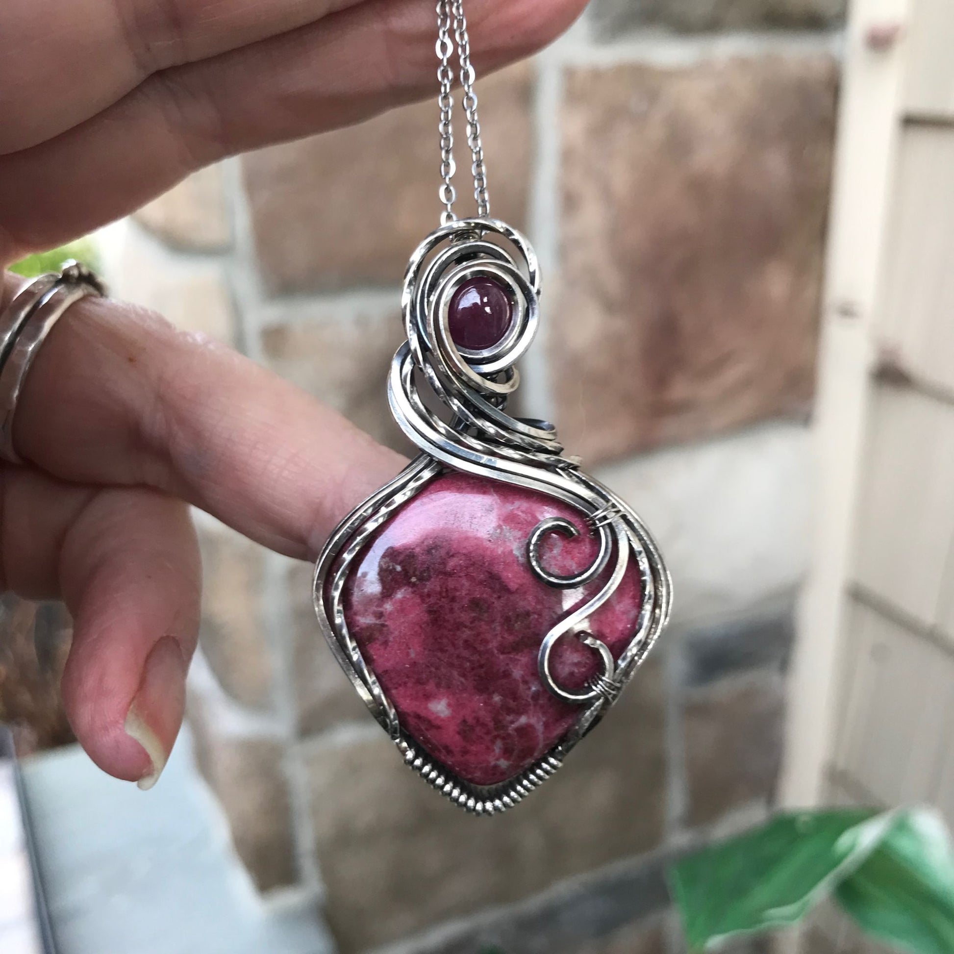 Pink Thulite & Ruby Silver Pendant