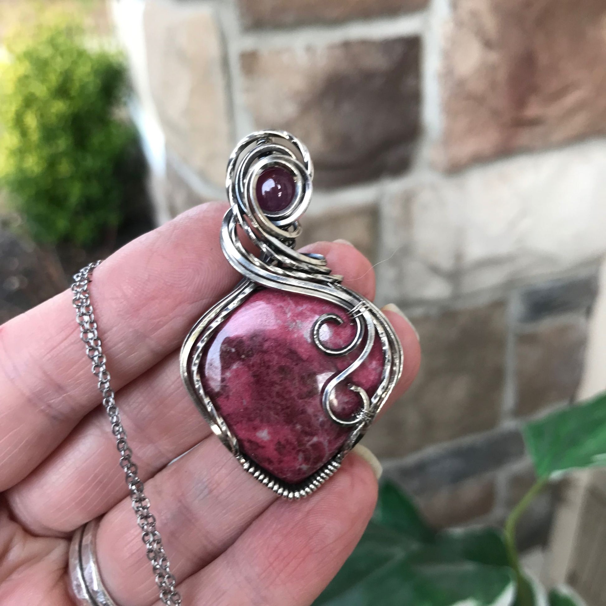 Pink Thulite & Ruby Silver Pendant