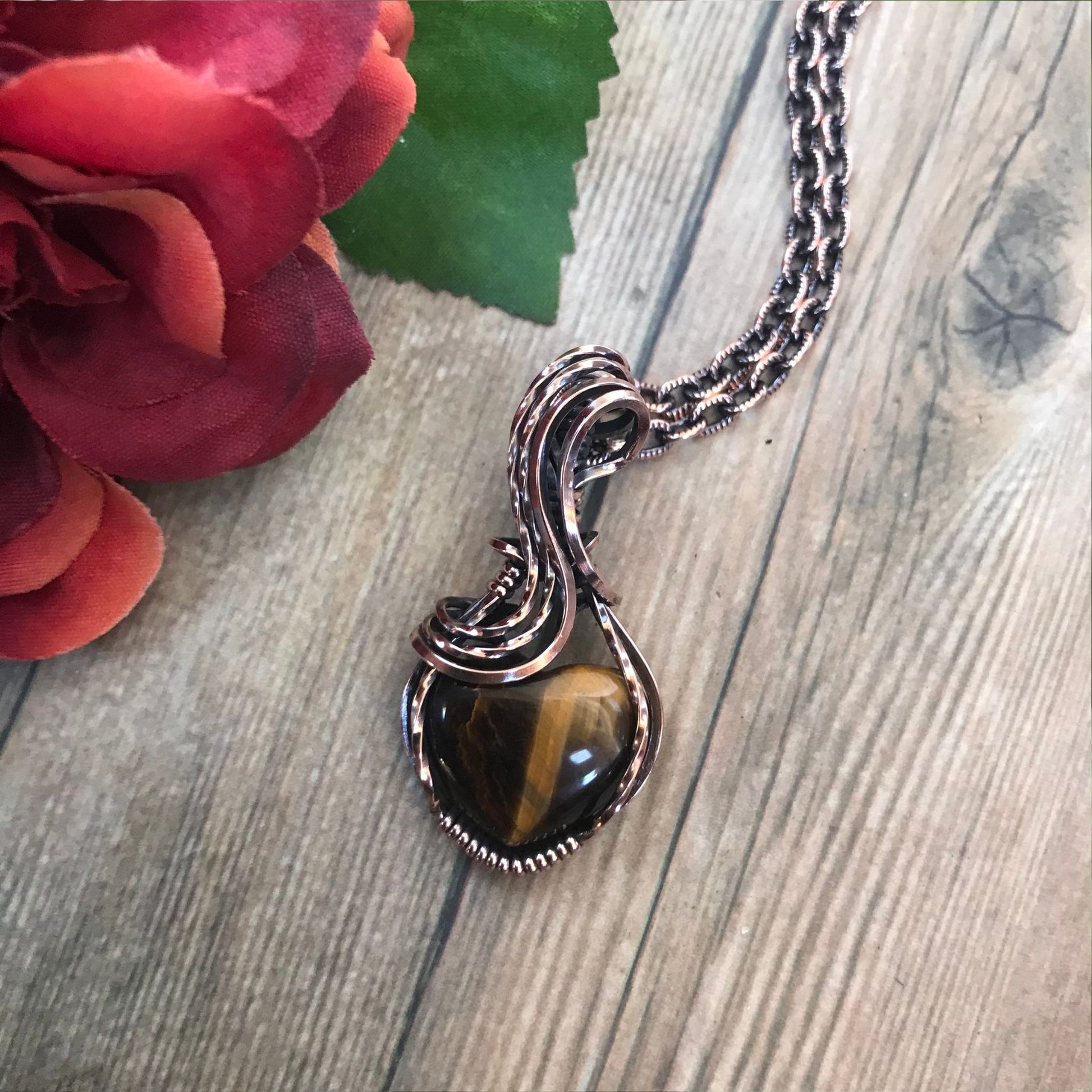 Tiger Eye Mini Heart Copper Pendant