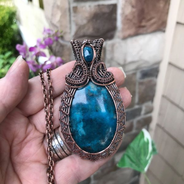 Turquoise with Apatite Woven Copper Pendant