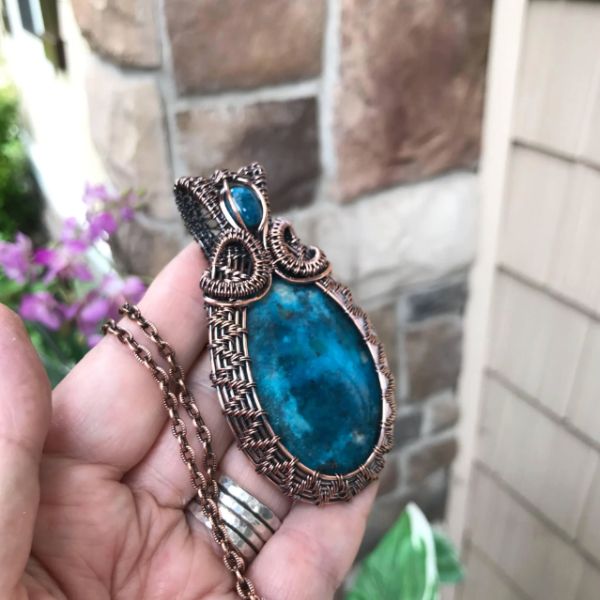 Turquoise with Apatite Woven Copper Pendant