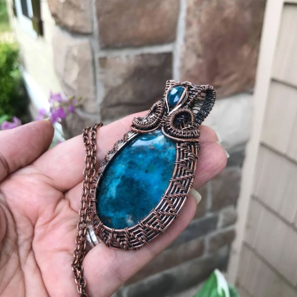 Turquoise with Apatite Woven Copper Pendant