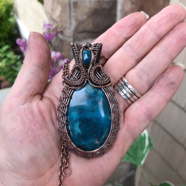 Turquoise with Apatite Woven Copper Pendant