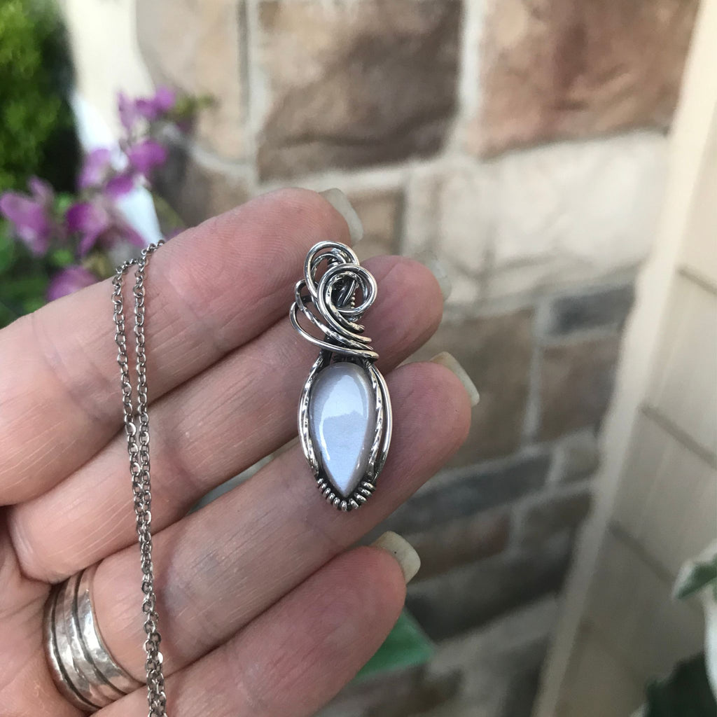 white moonstone mini silver wire wrapped pendant