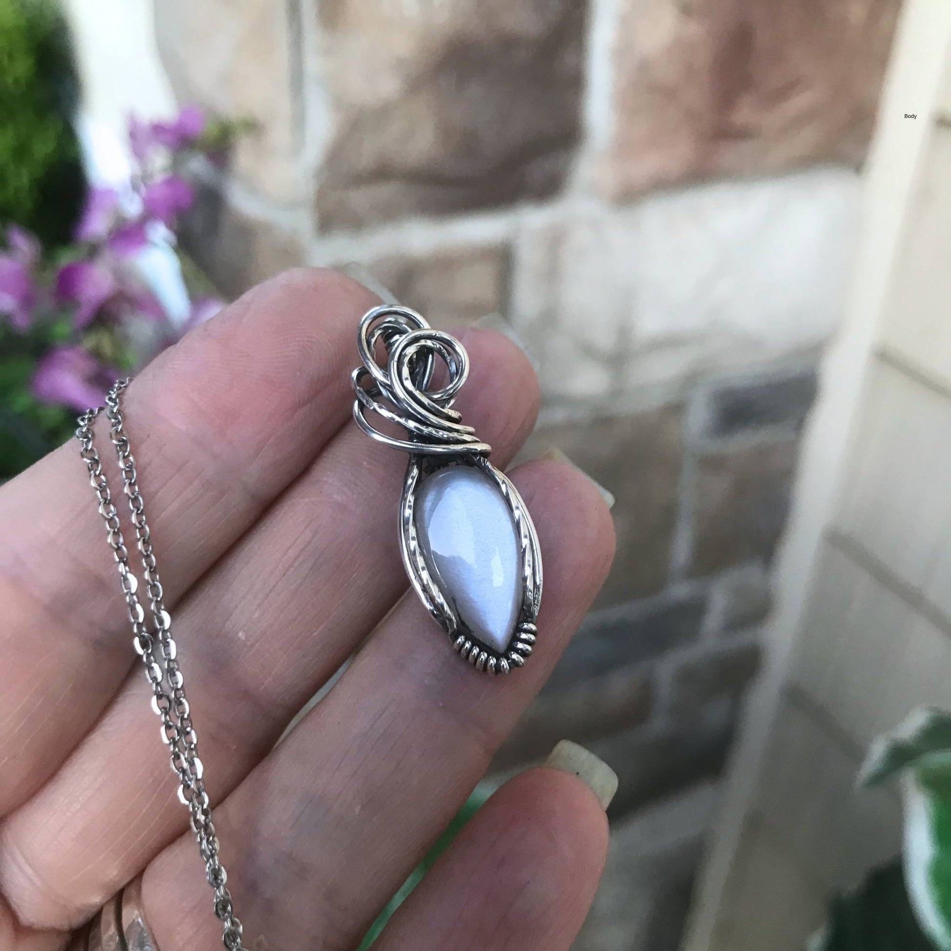 White moonstone silver wire wrapped pendant by Moonlet Jewelry