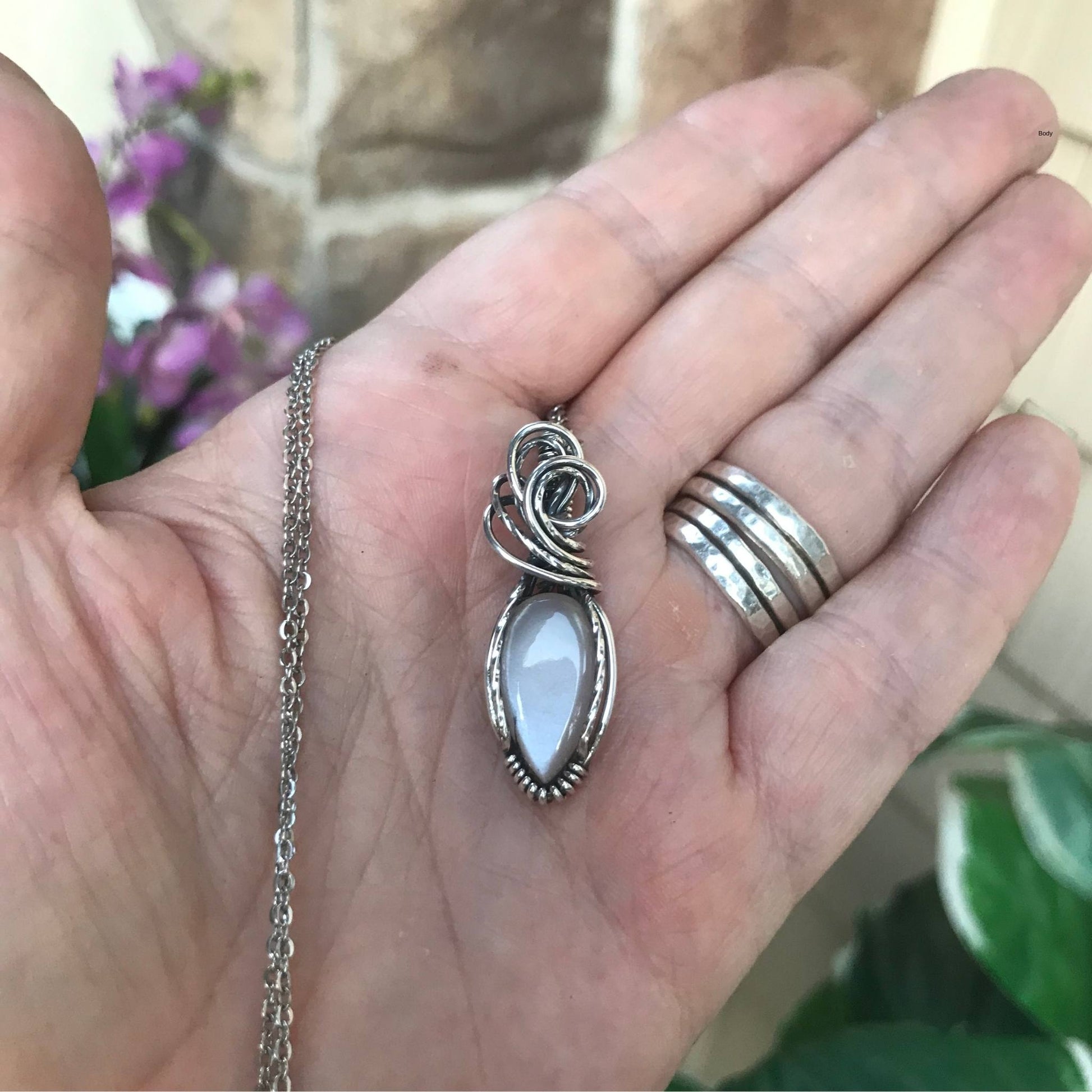 White moonstone silver wire wrapped pendant by Moonlet Jewelry