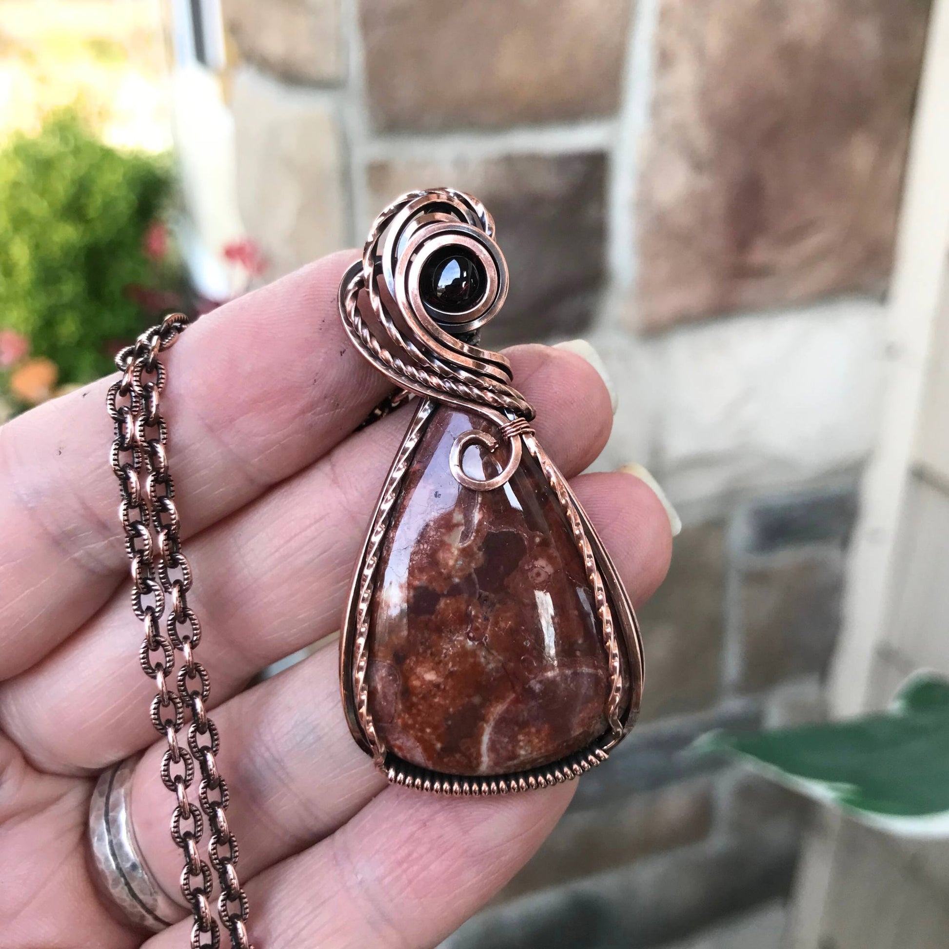 Wildeye Jasper & Garnet Pendant in Oxidized Copper