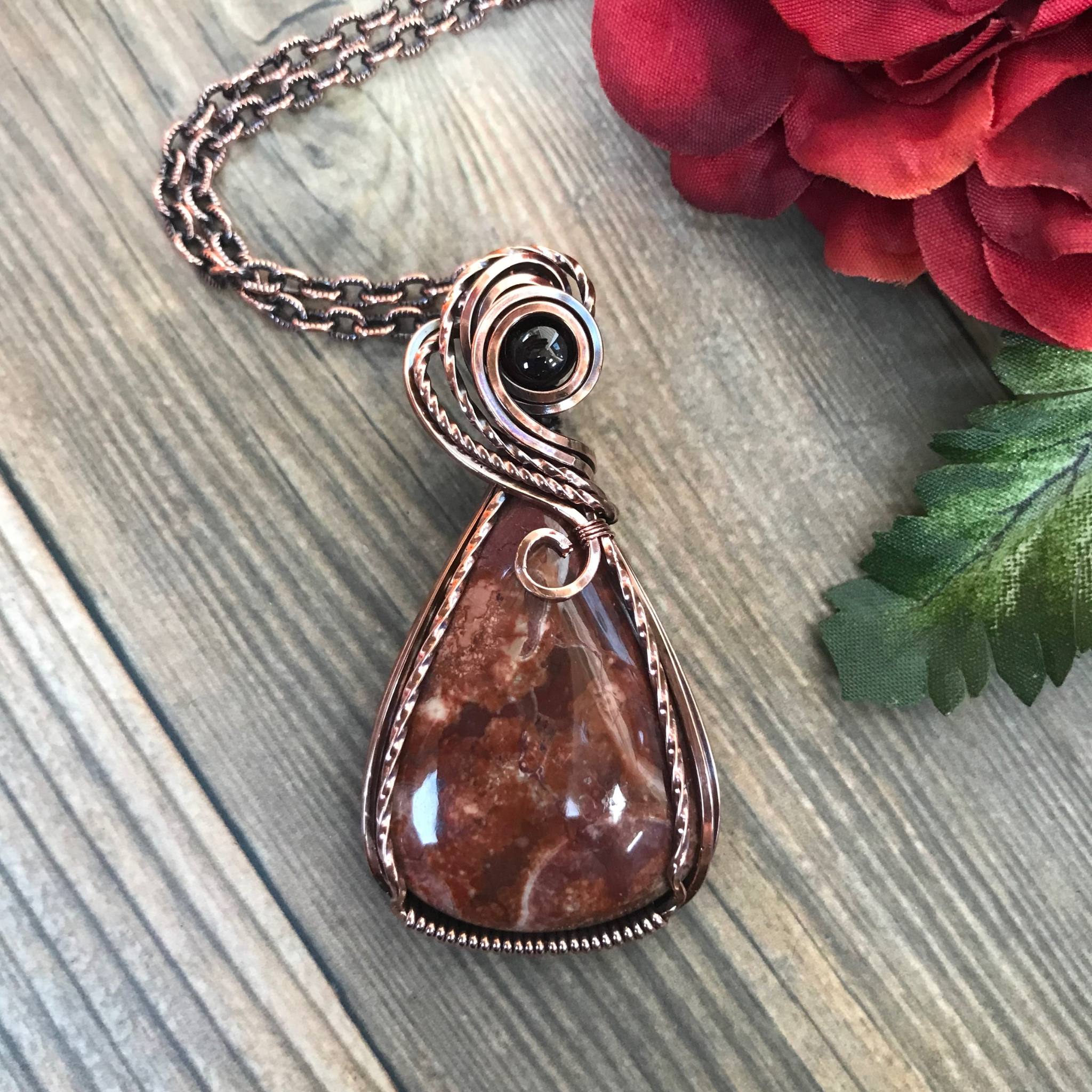 Wildeye Jasper & Garnet Pendant in Oxidized Copper