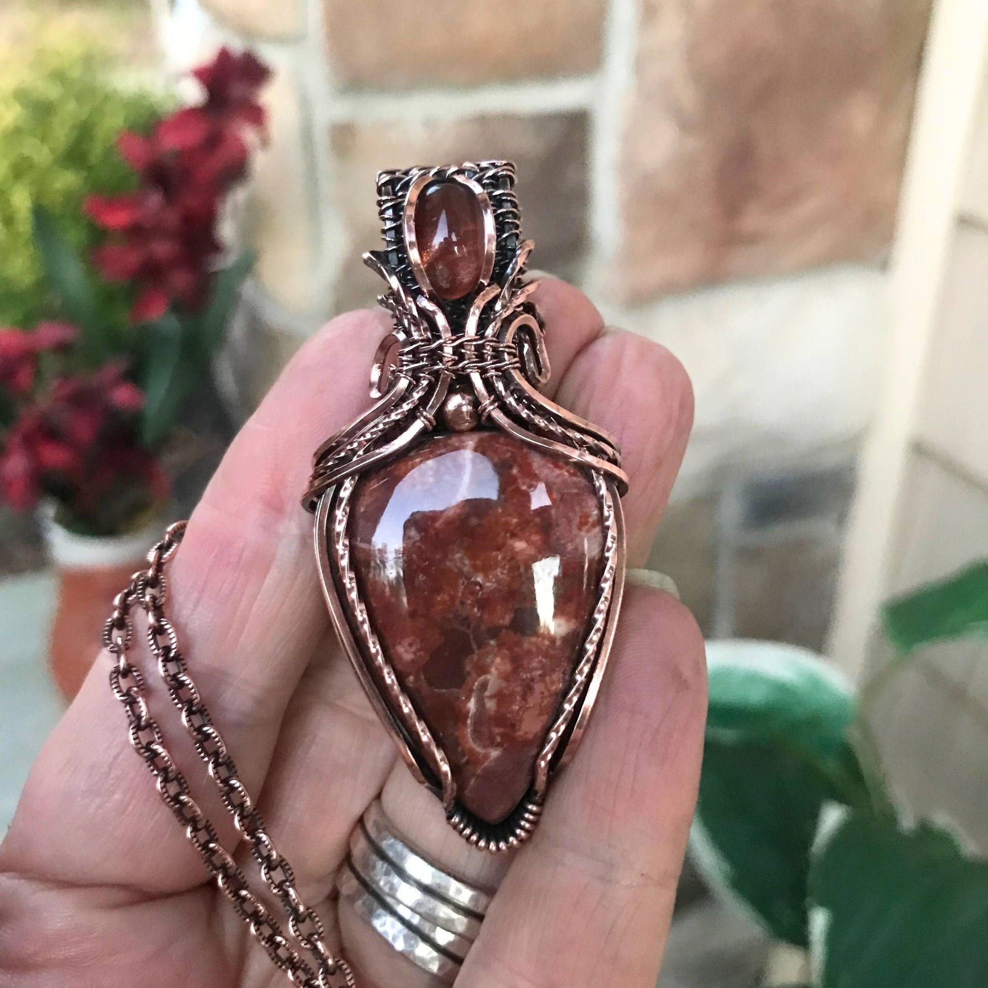 Wildeye Jasper & Sunstone Pendant in Oxidized Copper