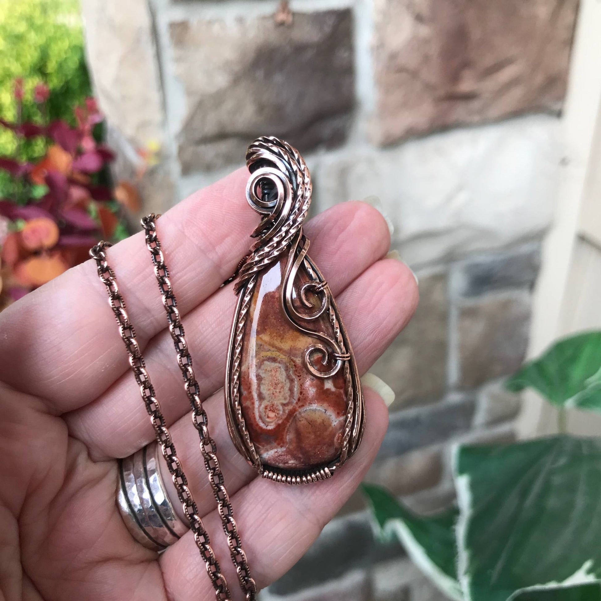 Wildeye Jasper Slender Teardrop Copper Pendant