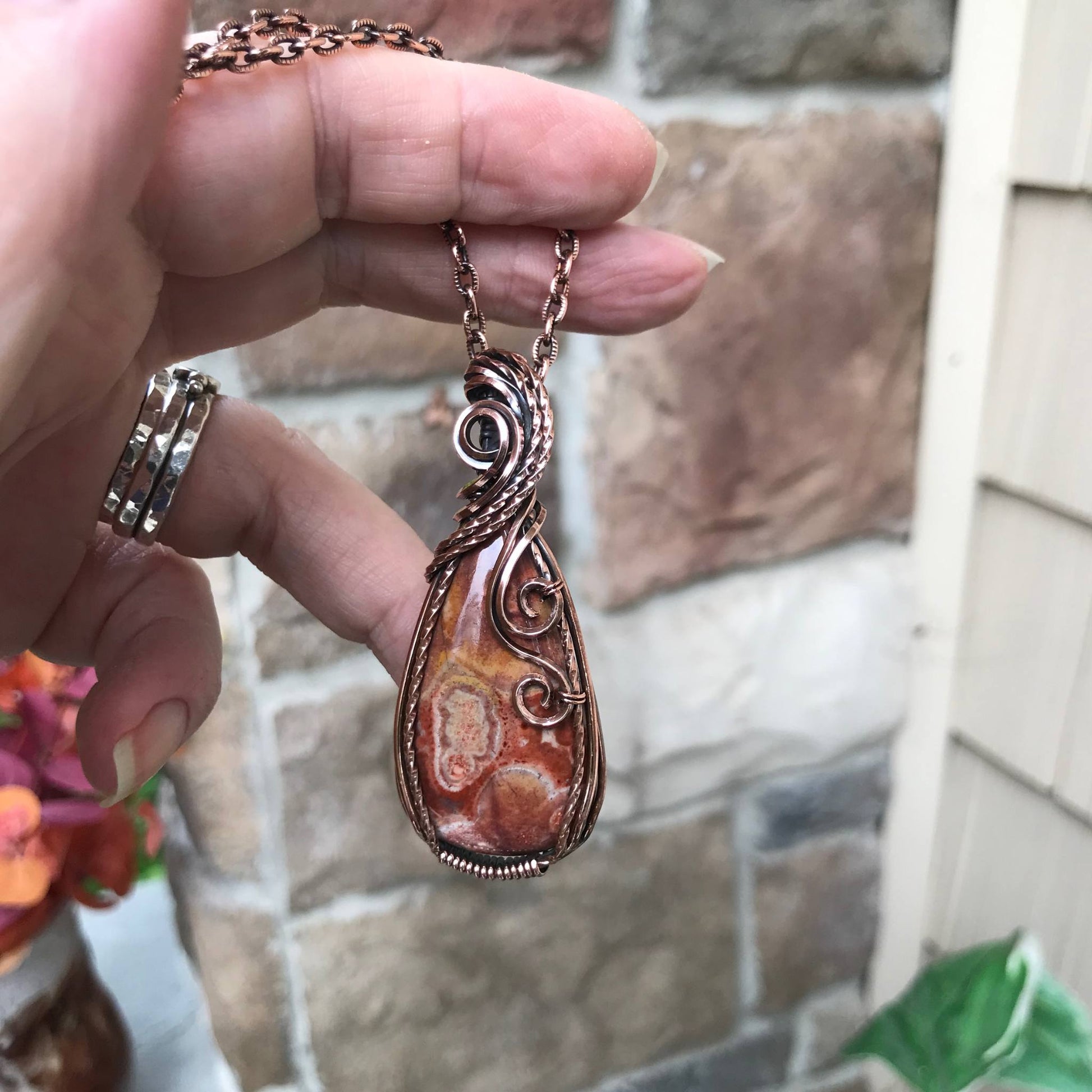 Wildeye Jasper Slender Teardrop Copper Pendant