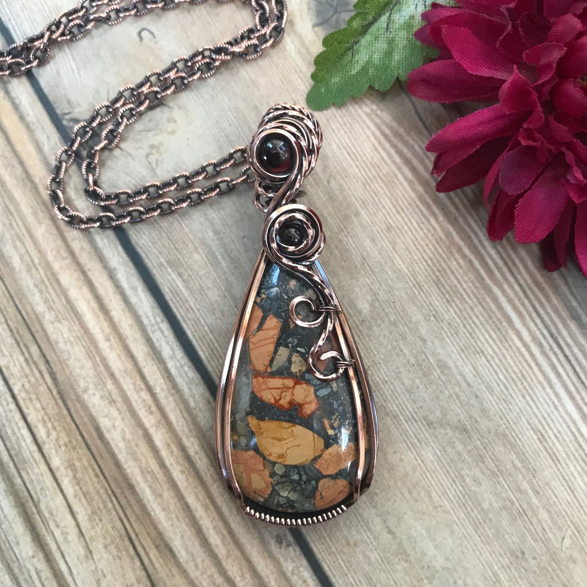 Maligano Jasper & Garnet Swirly Copper Pendant