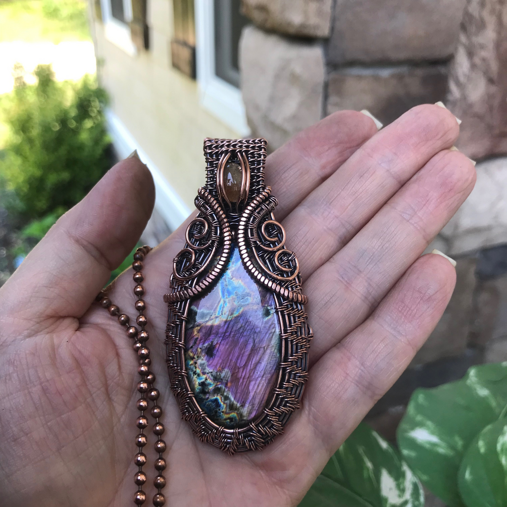 purple labradorite sunstone copper wire wrapped weave pendant necklace moonlet jewelry