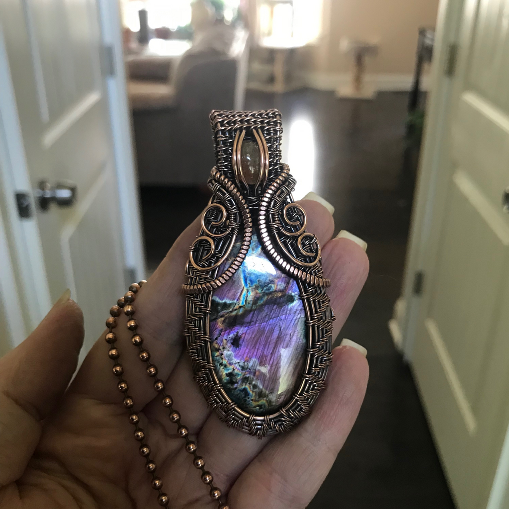 purple labradorite sunstone copper wire wrapped weave pendant necklace moonlet jewelry